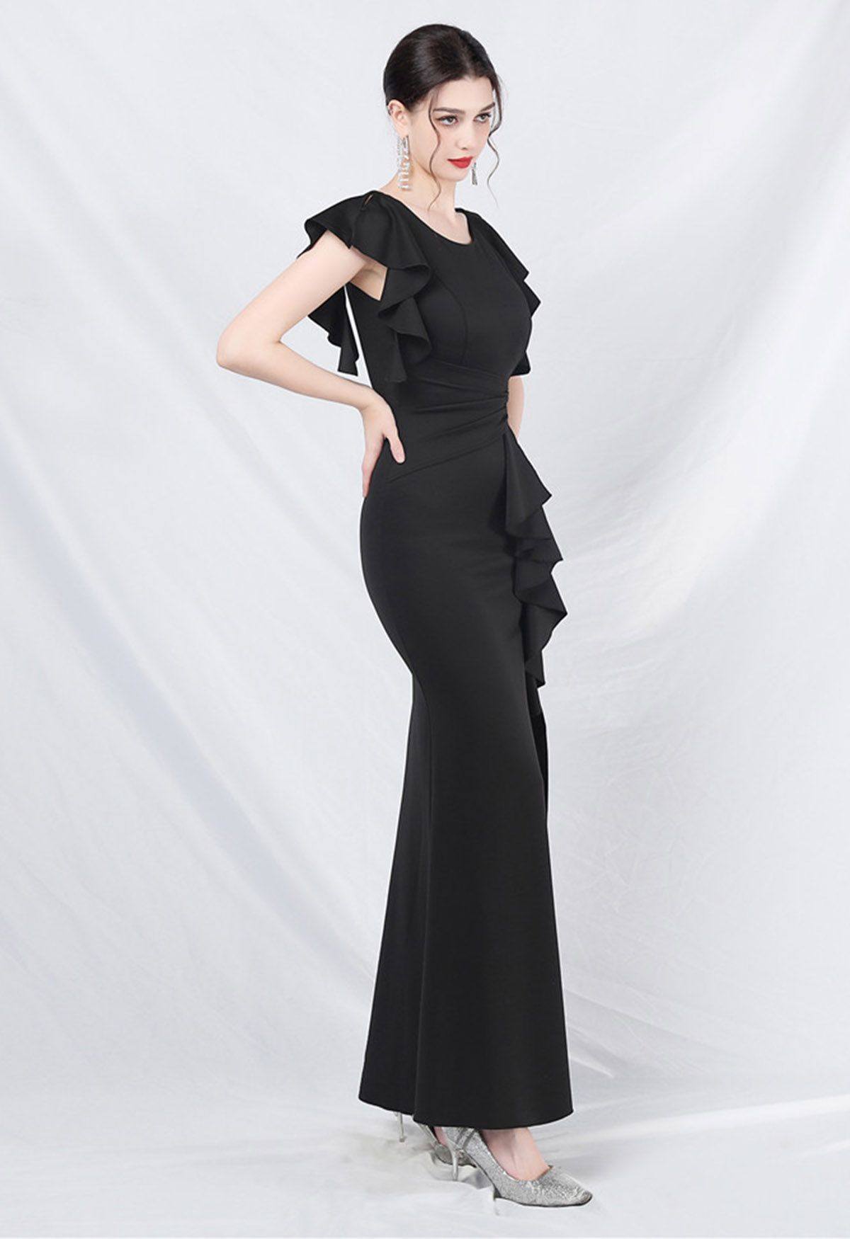 Glamorous Ruffle Trim Slit Mermaid Gown in Black