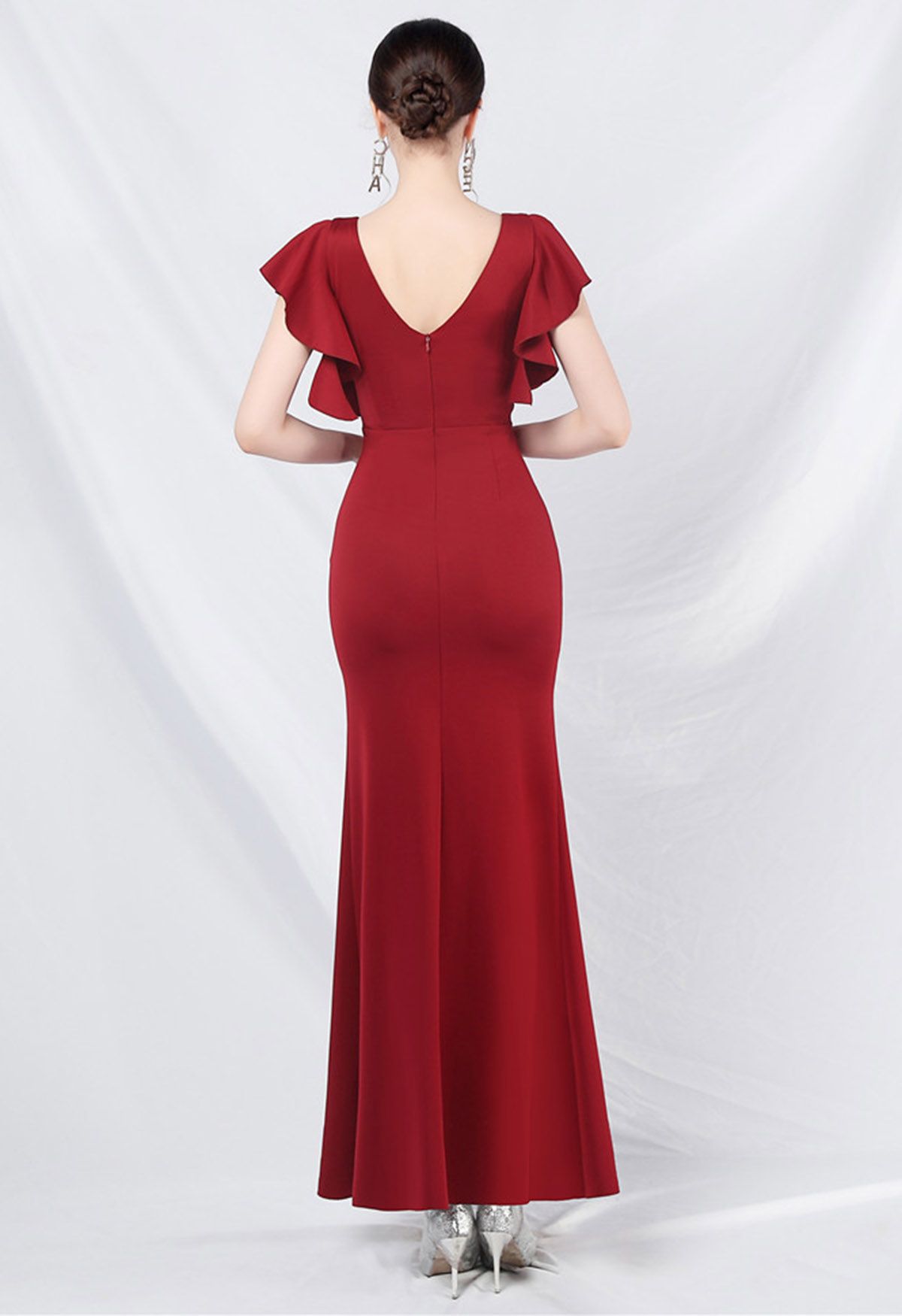 Glamorous Ruffle Trim Slit Mermaid Gown in Red