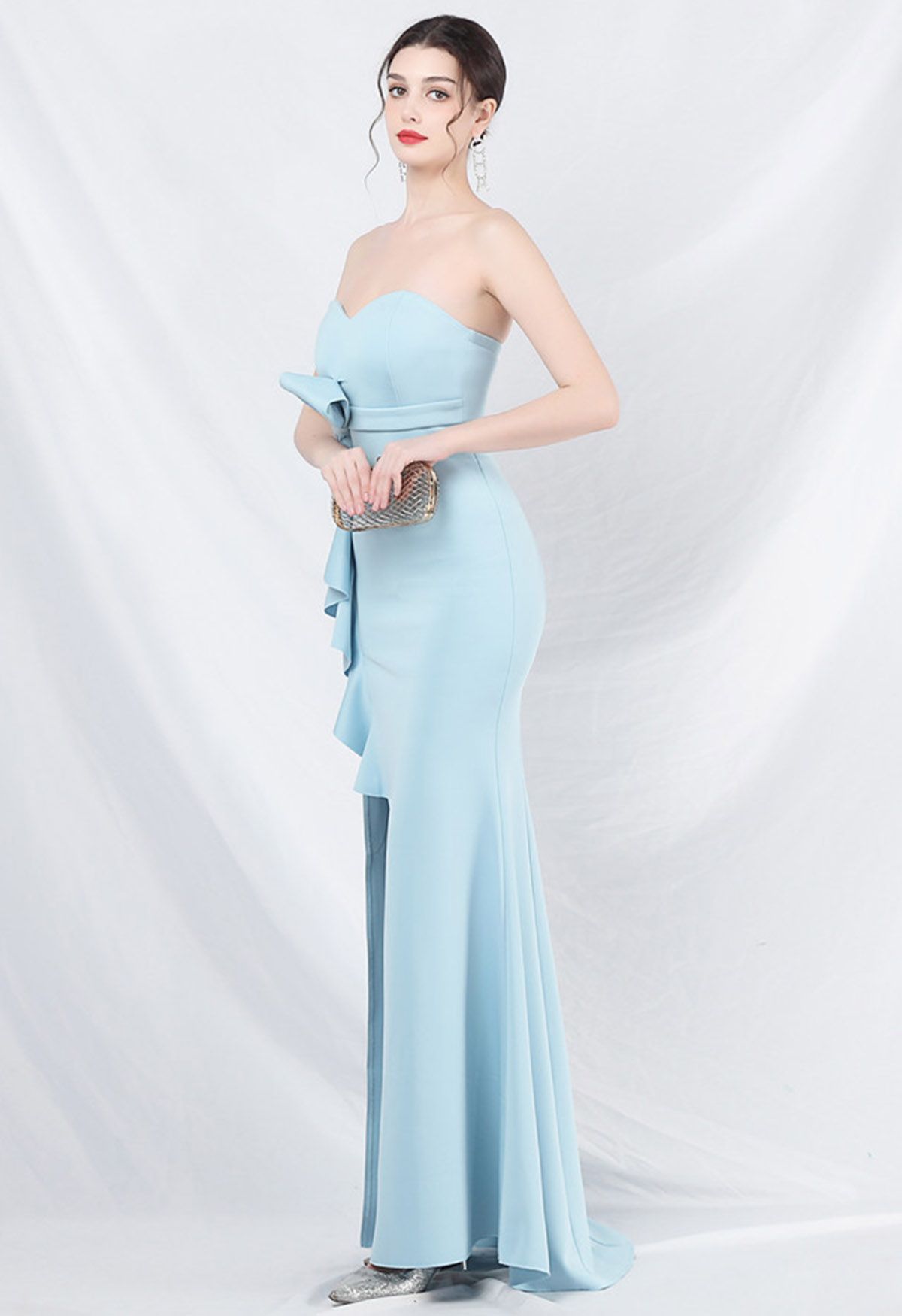 Strapless Bowknot Waist Ruffle Slit Gown in Baby Blue