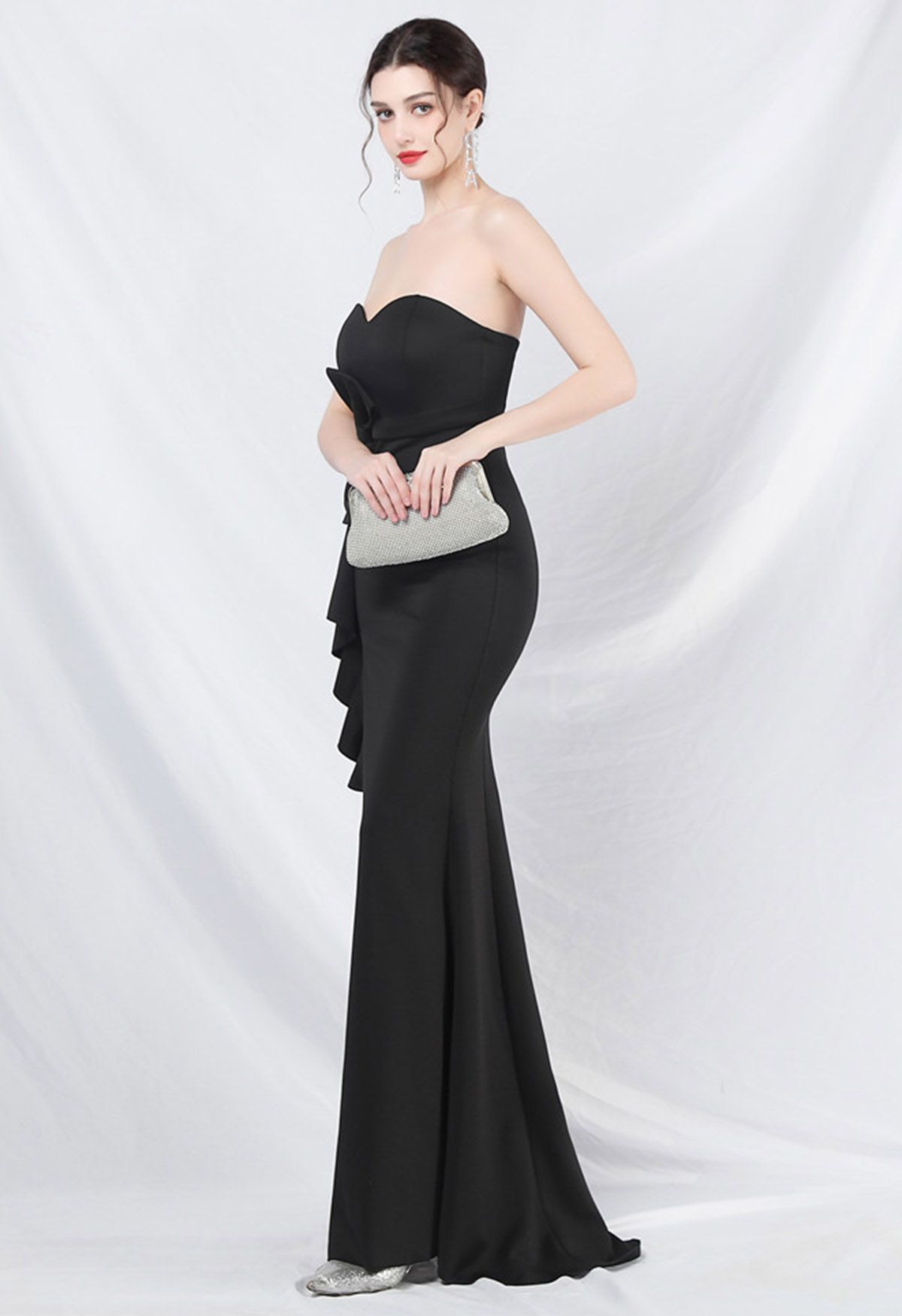 Strapless Bowknot Waist Ruffle Slit Gown in Black