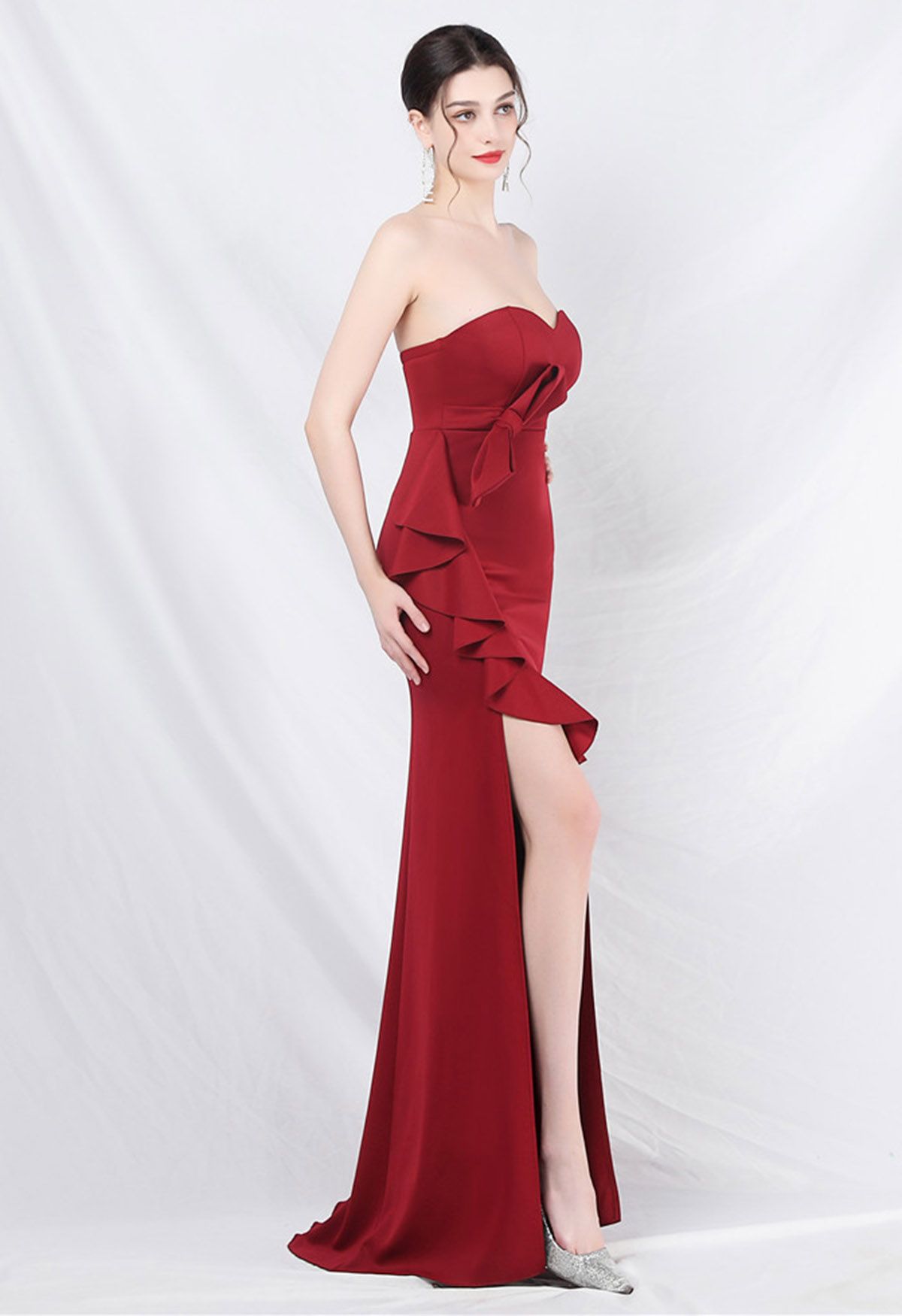 Strapless Bowknot Waist Ruffle Slit Gown in Red