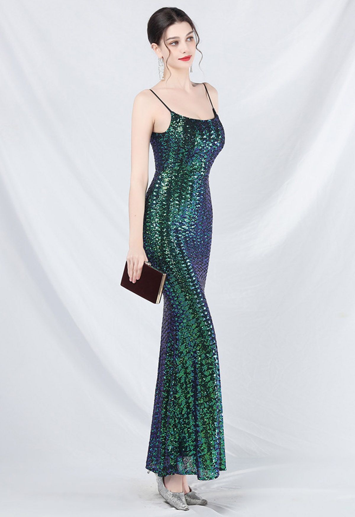 Fairytale Sequin Mermaid Cami Gown in Green