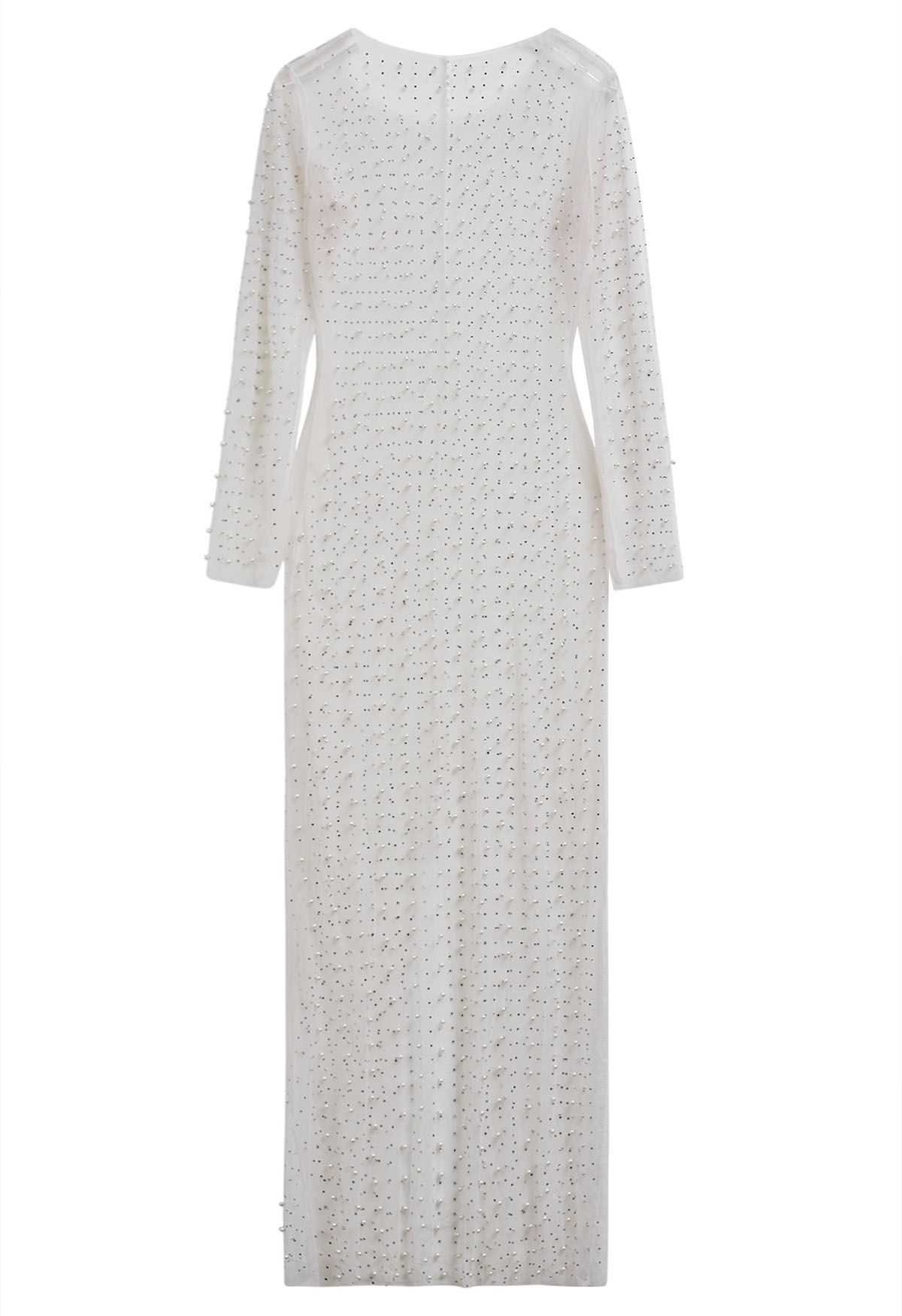 Full Pearl Embellished Sheer Mesh Cover-Up Maxi Dress in Cream