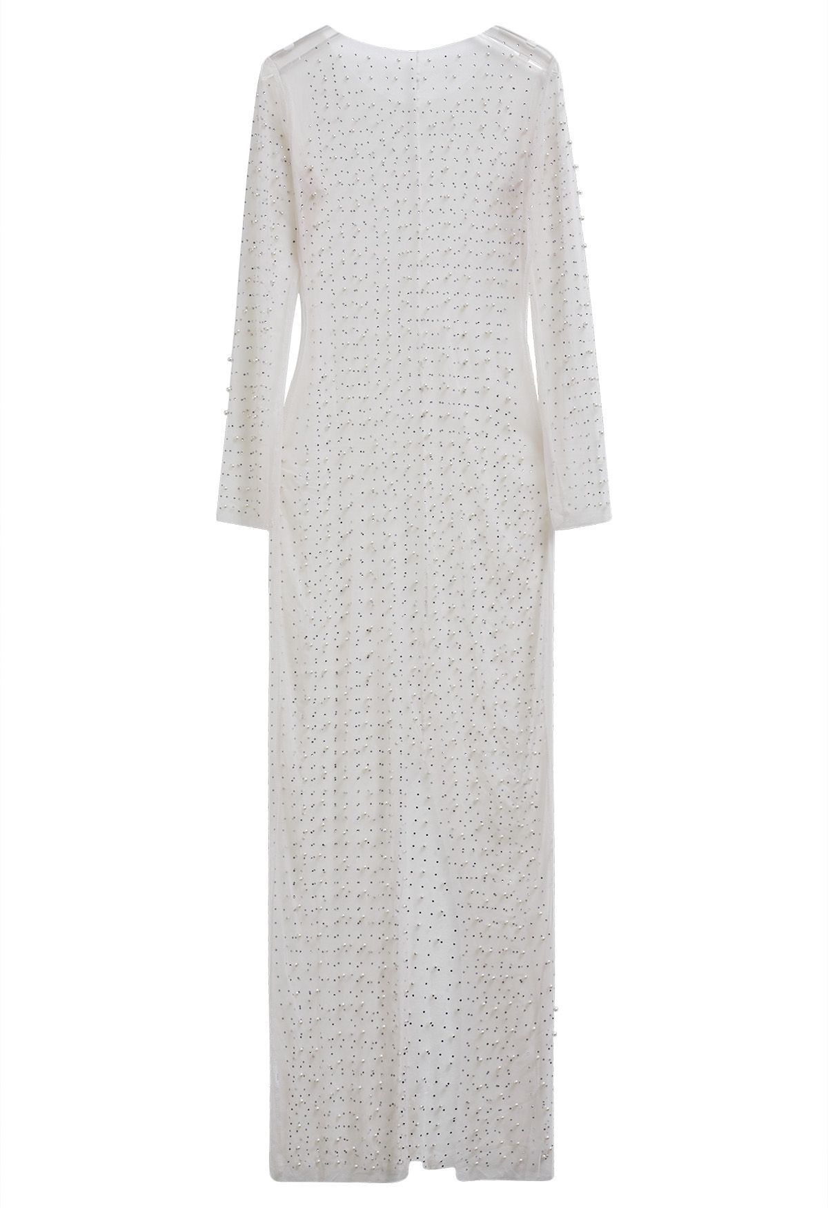 Full Pearl Embellished Sheer Mesh Cover-Up Maxi Dress in Cream