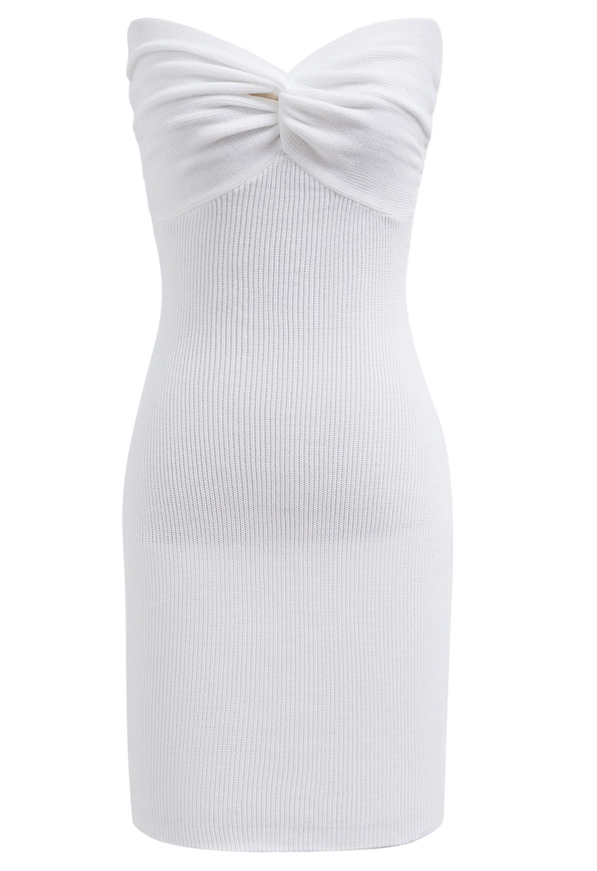 Knotted Front Fitted Knit Mini Dress in White