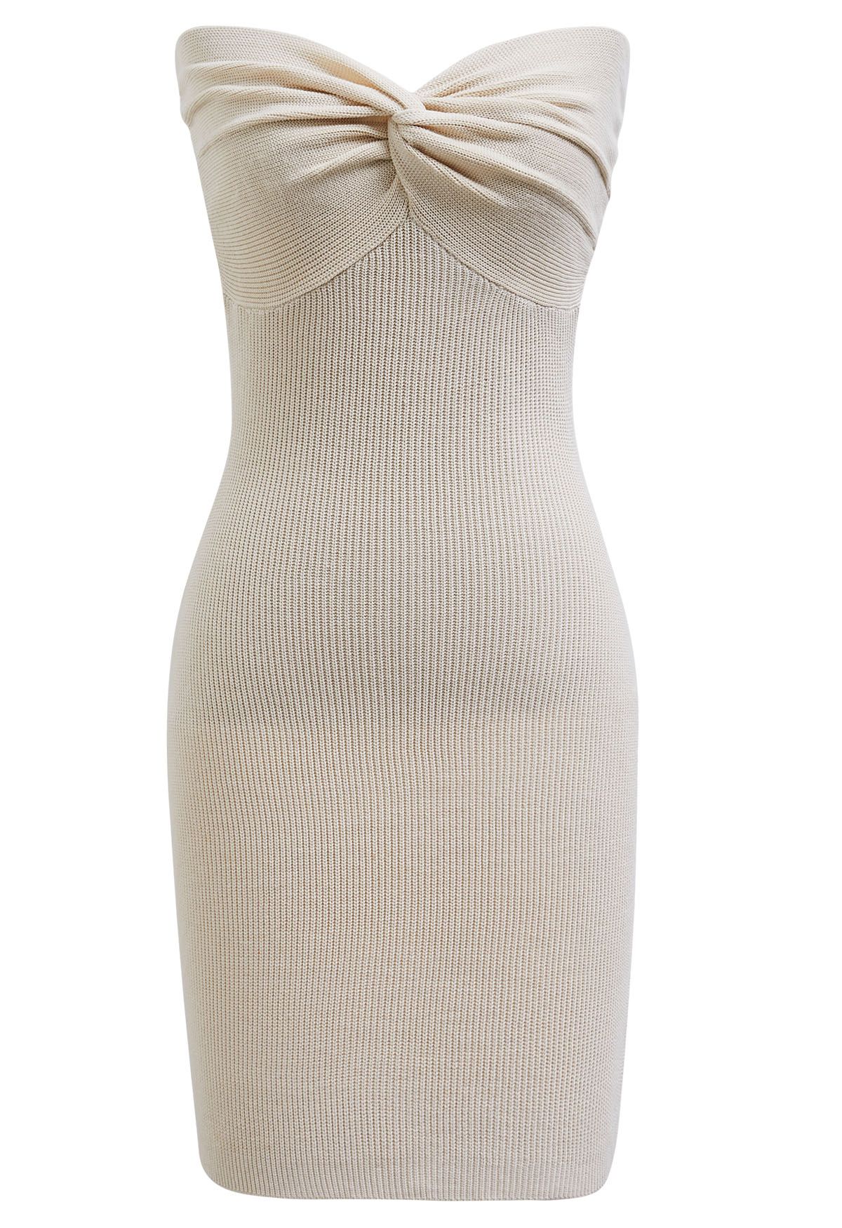 Knotted Front Fitted Knit Mini Dress in Ivory