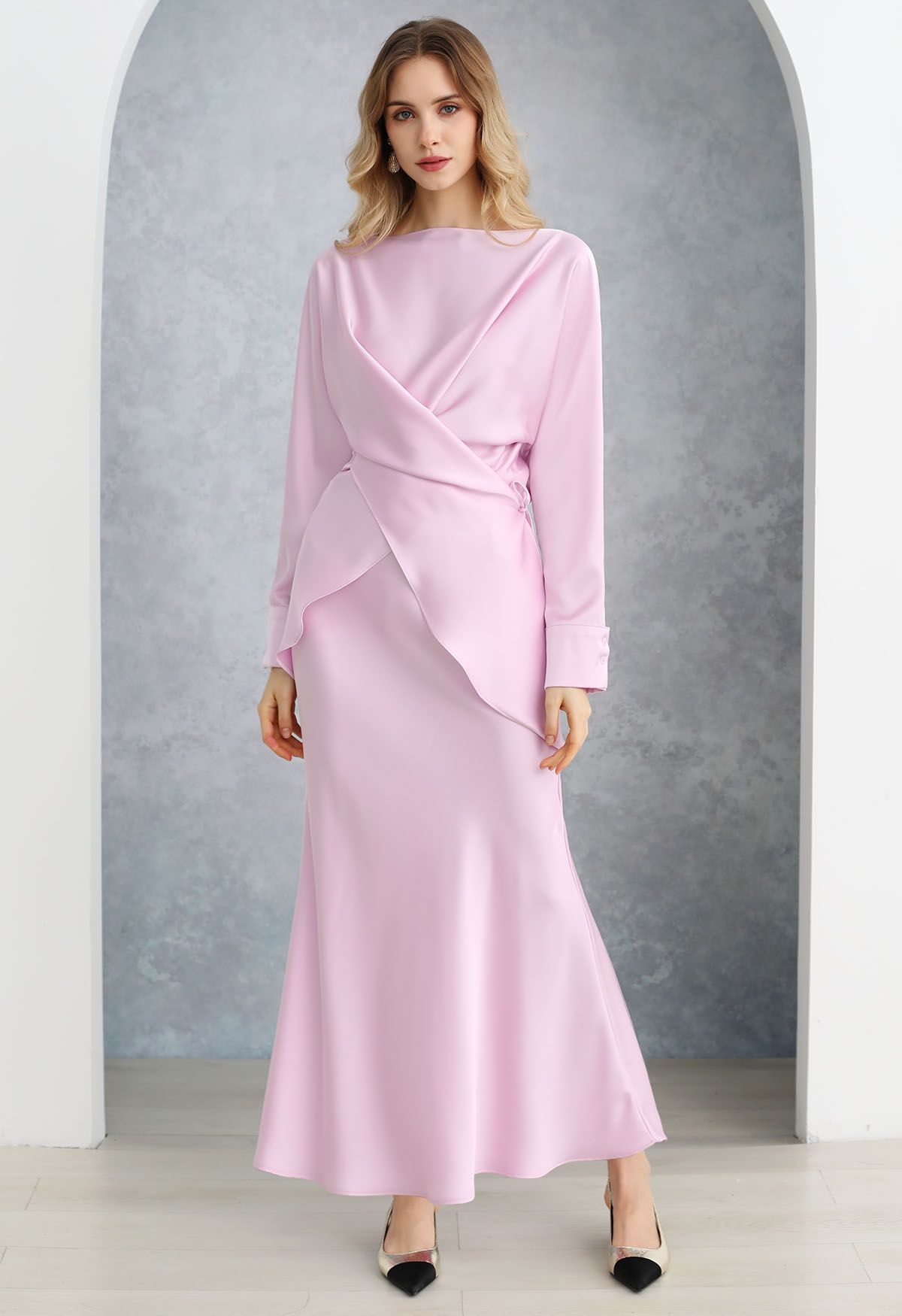 Satin Finish Mermaid Maxi Skirt in Pink