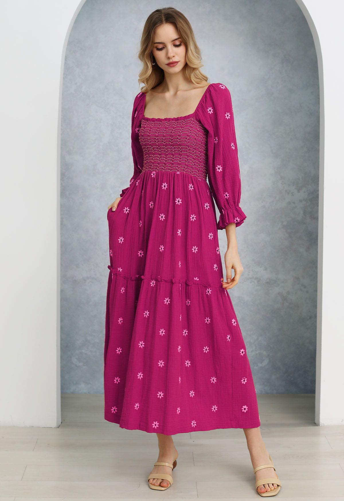 Floret Embroidery Square Neck Midi Dress in Hot Pink