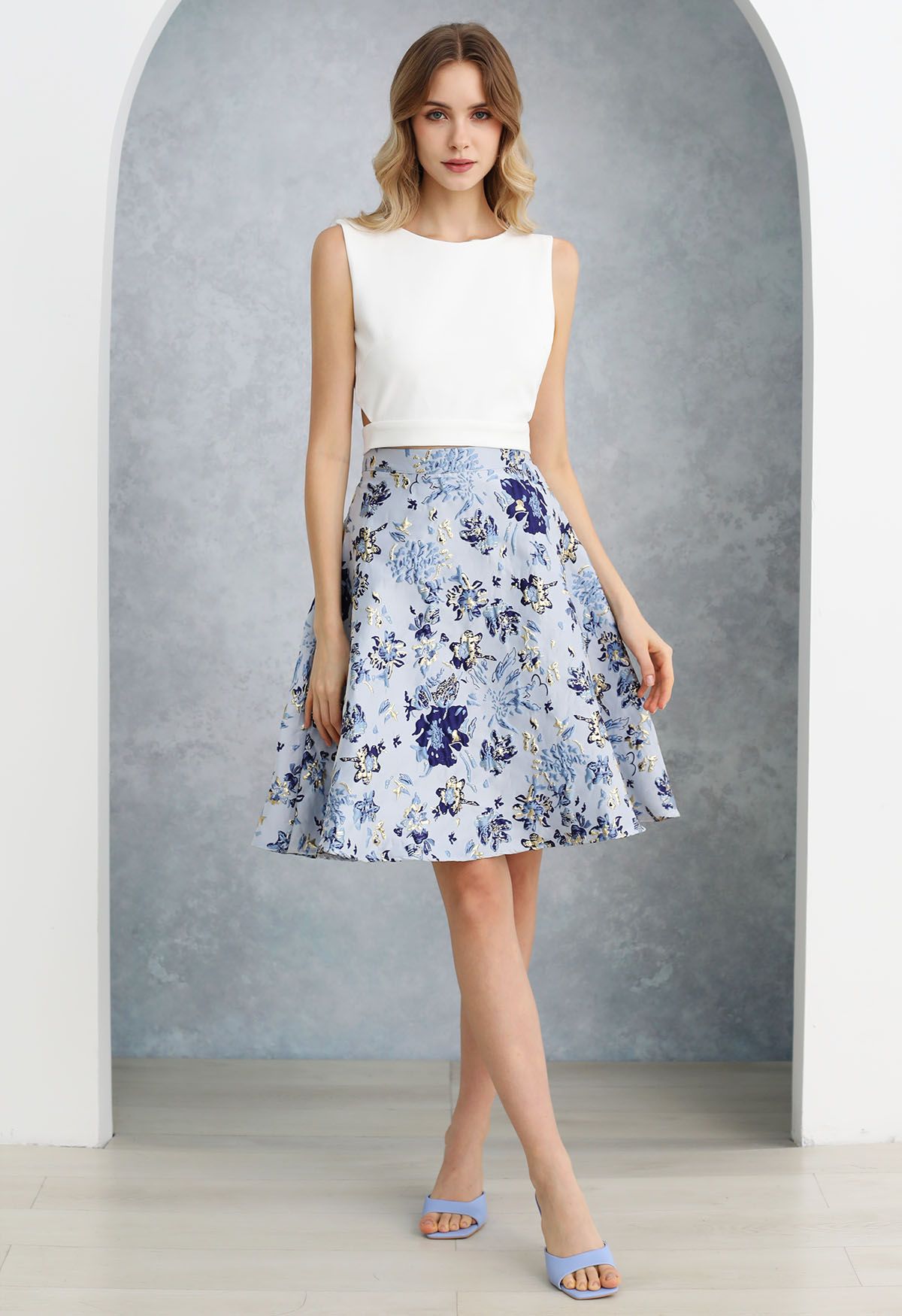 Blue Floral Embossed Jacquard Midi Skirt