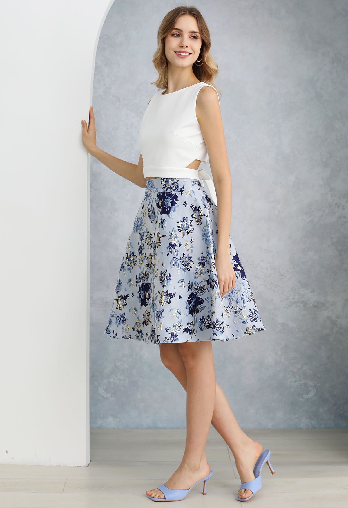 Blue Floral Embossed Jacquard Midi Skirt