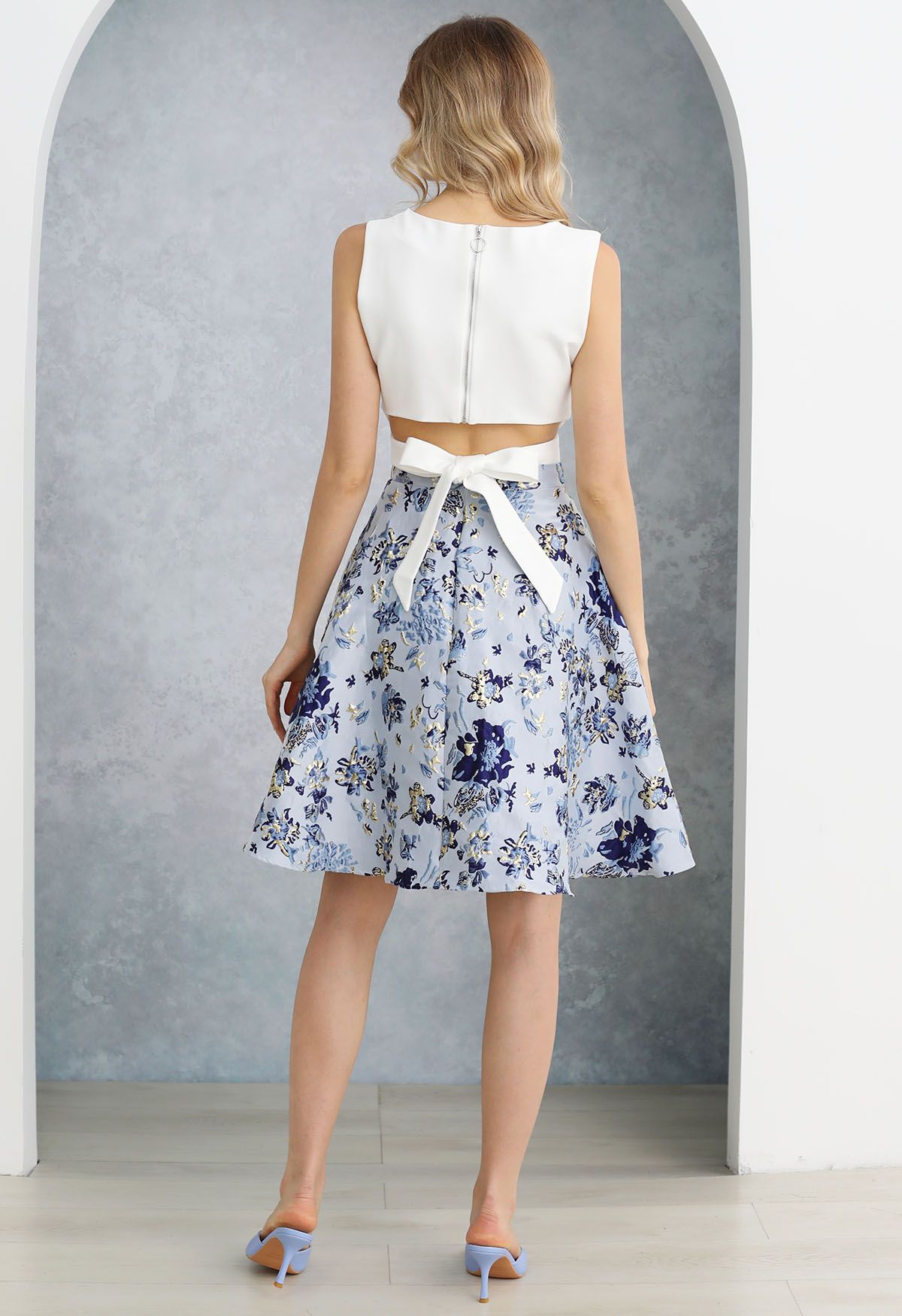 Blue Floral Embossed Jacquard Midi Skirt