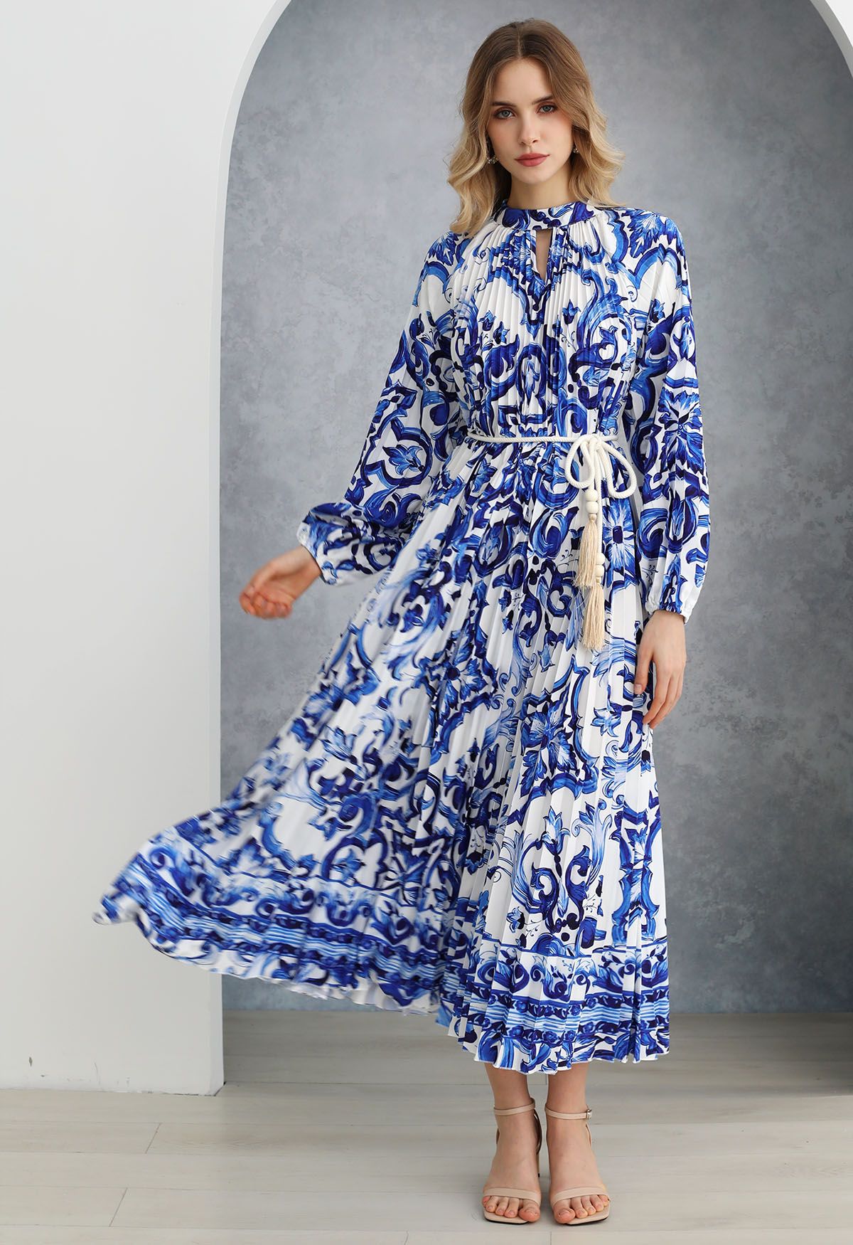 Blue Tile Accordion Pleated Cutout Maxi Dress