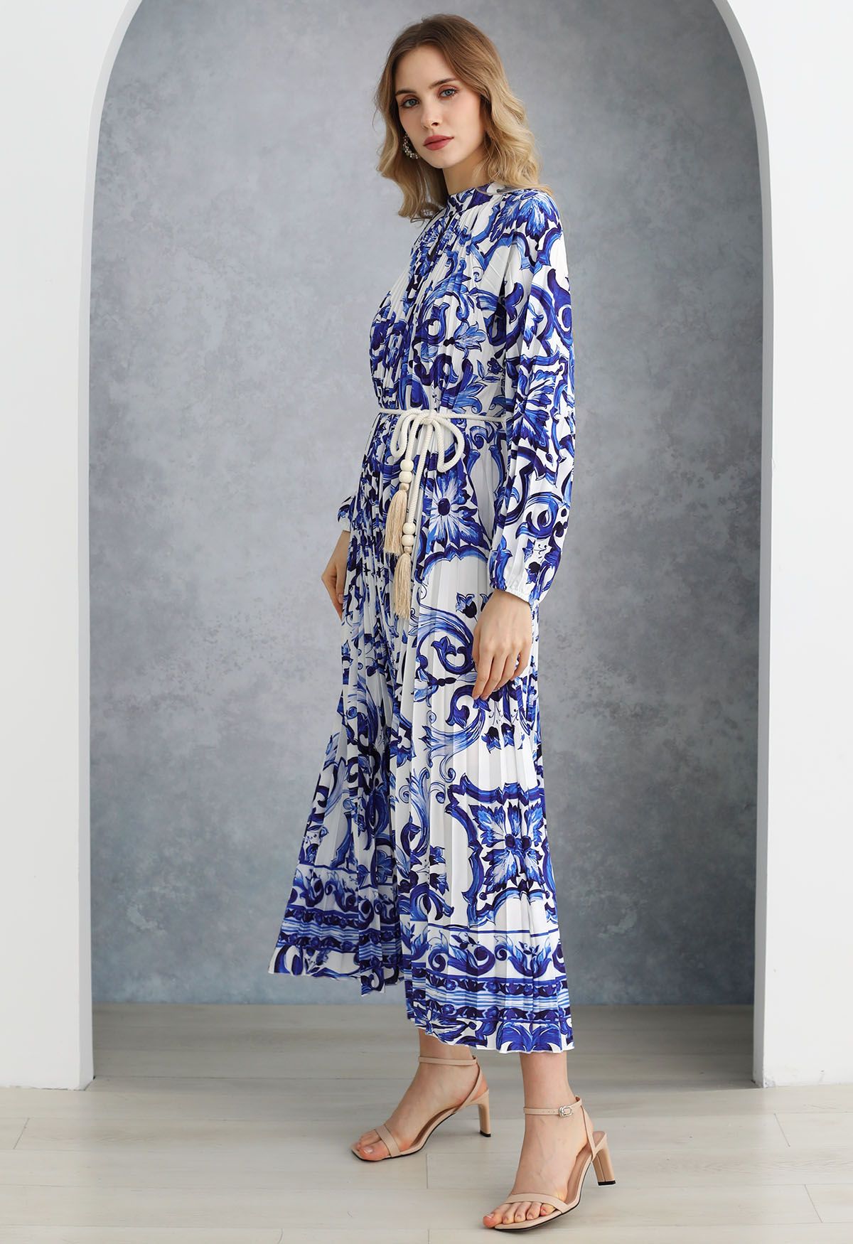 Blue Tile Accordion Pleated Cutout Maxi Dress