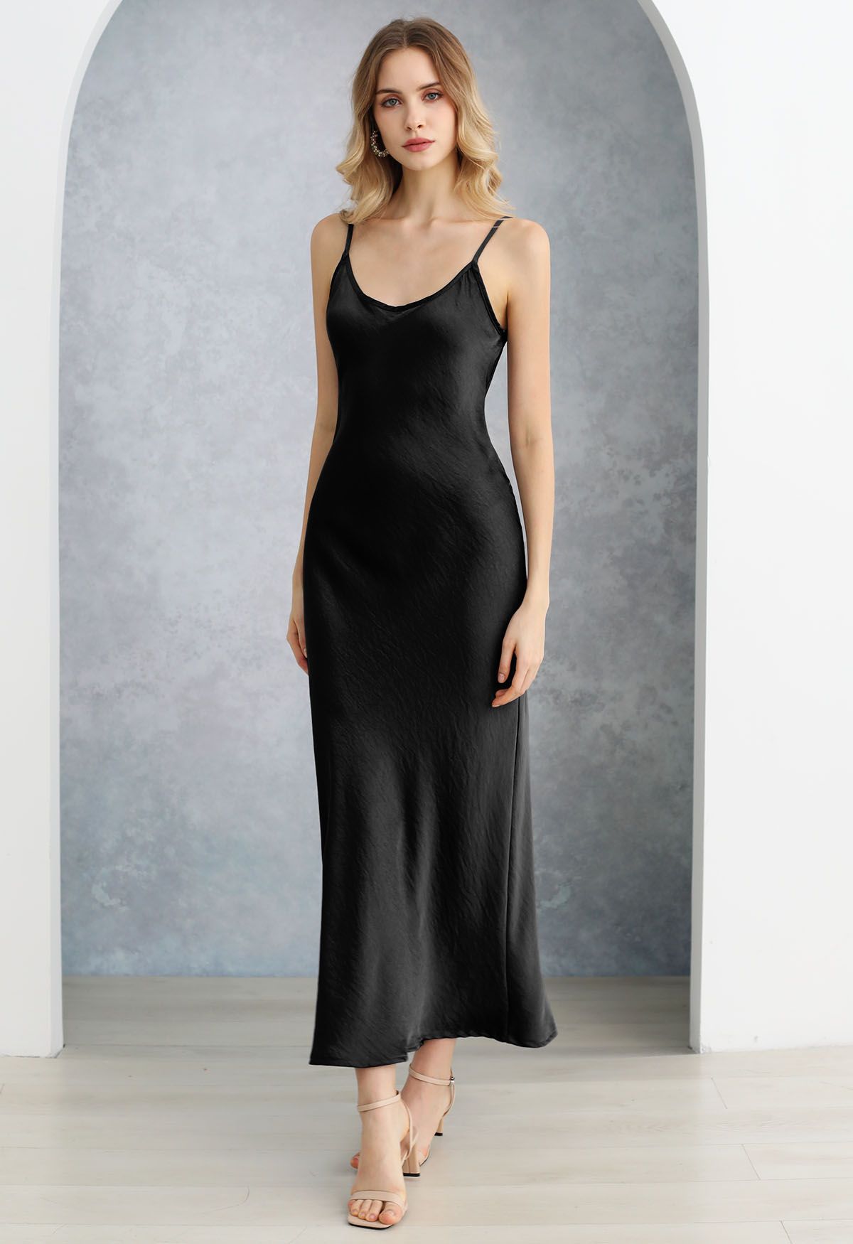 Texture Satin Backless Maxi Dress in Black