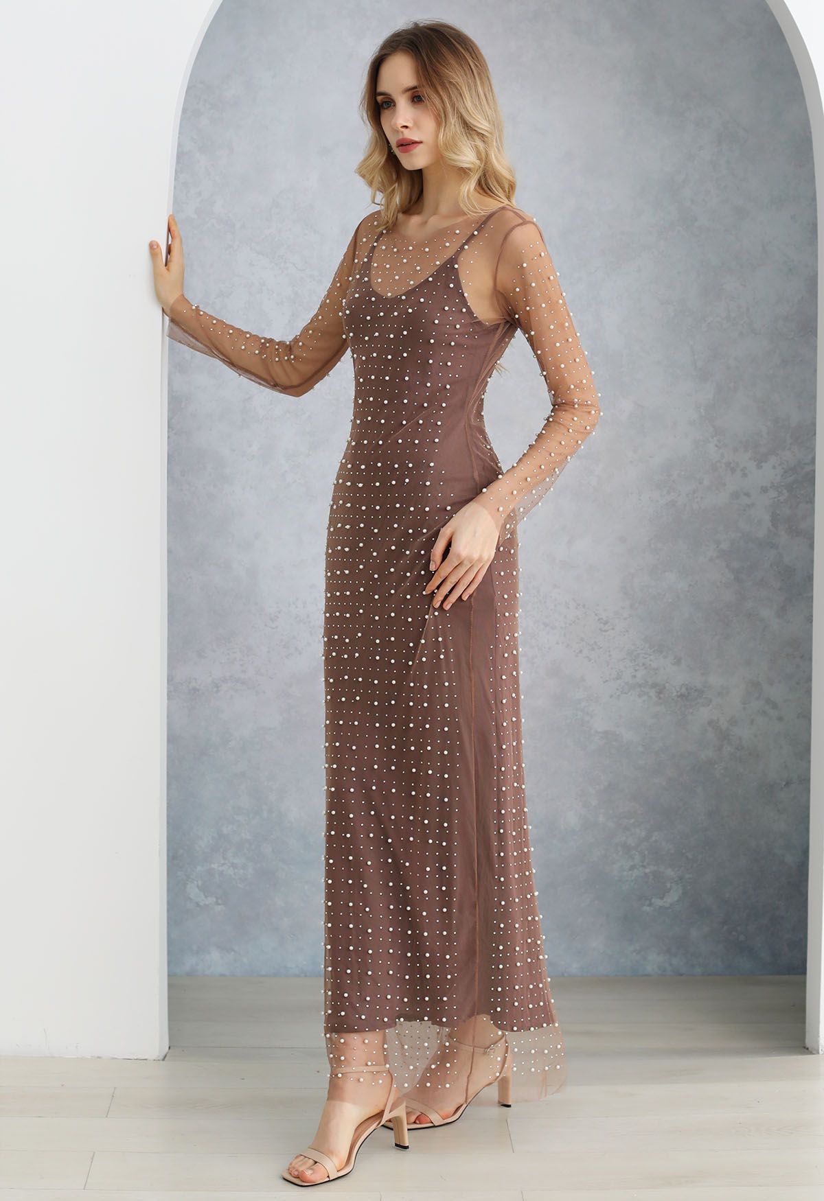 Full Pearl Embellished Sheer Mesh Cover-Up Maxi Dress in Plum