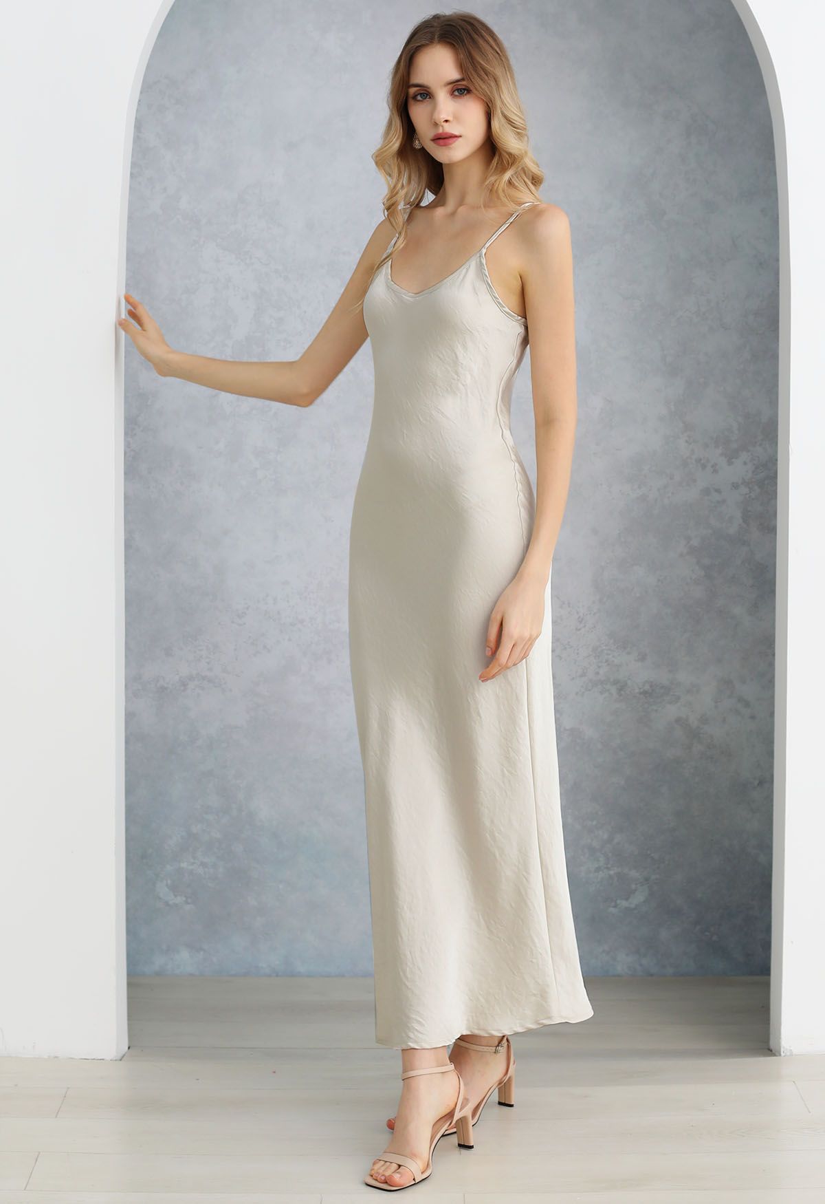 Texture Satin Backless Maxi Dress in Ivory