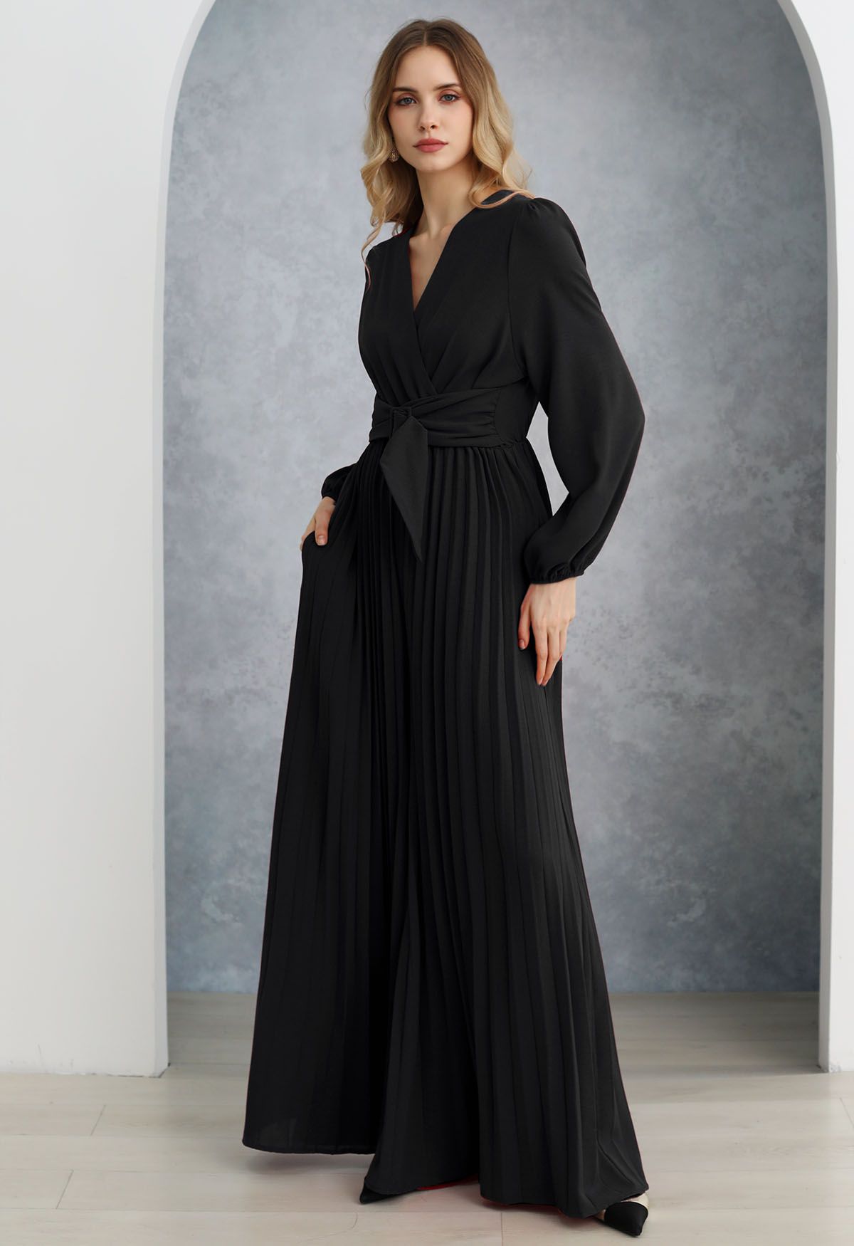 Sash Adorned Wide Leg Pleated Jumpsuit in Black