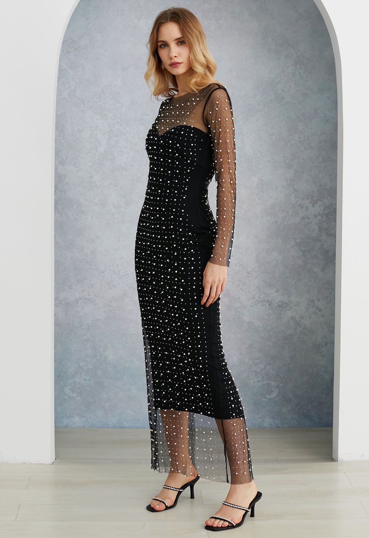 Full Pearl Embellished Sheer Mesh Cover Up Maxi Dress in Black