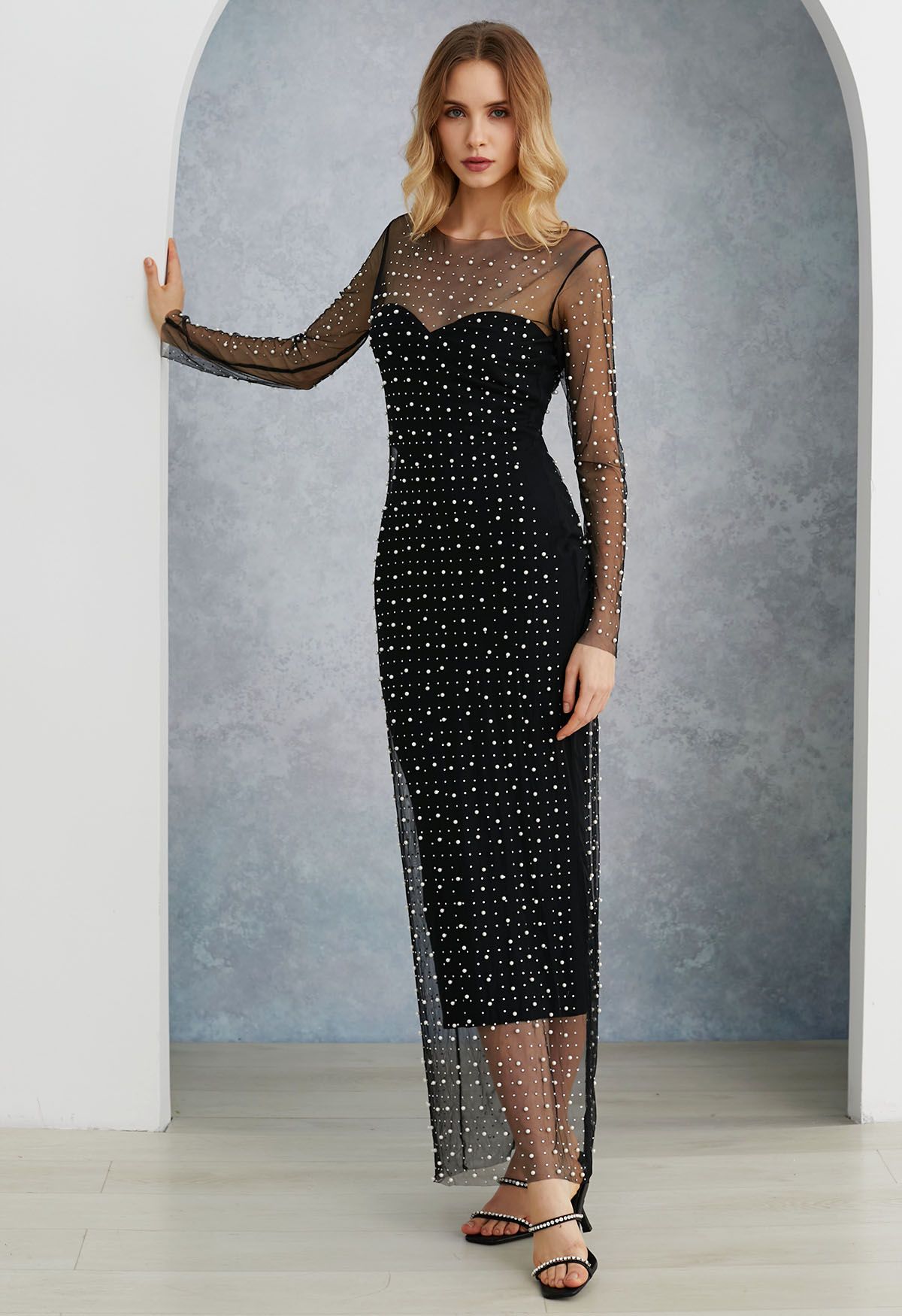 Full Pearl Embellished Sheer Mesh Cover Up Maxi Dress in Black