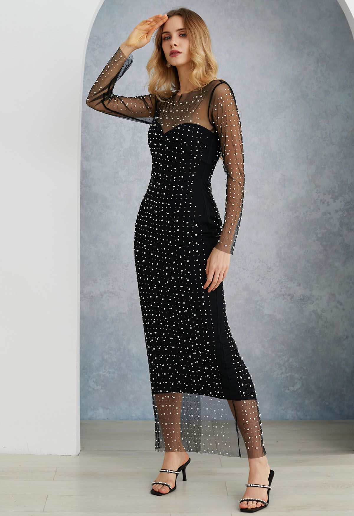 Full Pearl Embellished Sheer Mesh Cover-Up Maxi Dress in Black