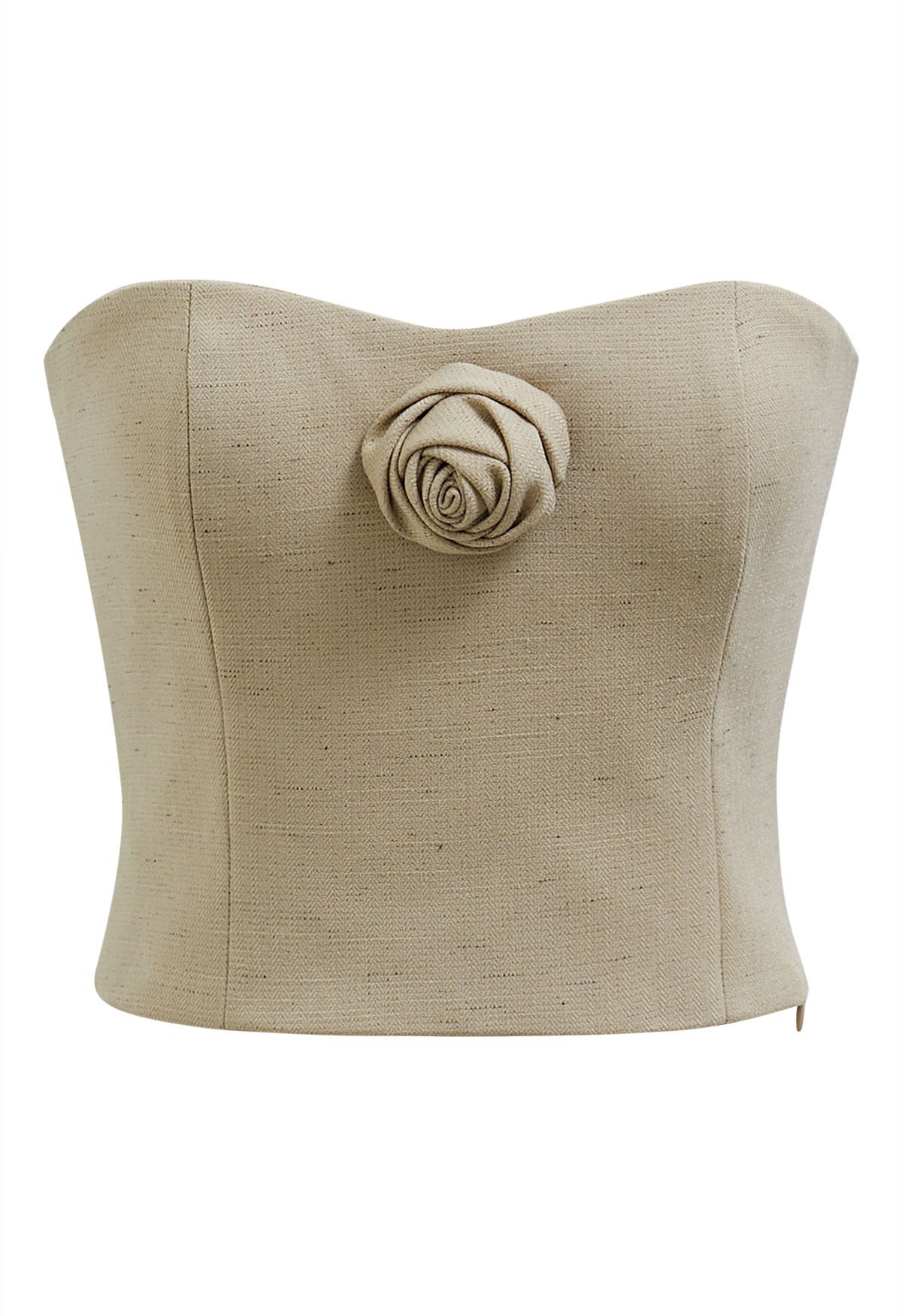 3D Rose Shirred Back Tube Top in Light Tan