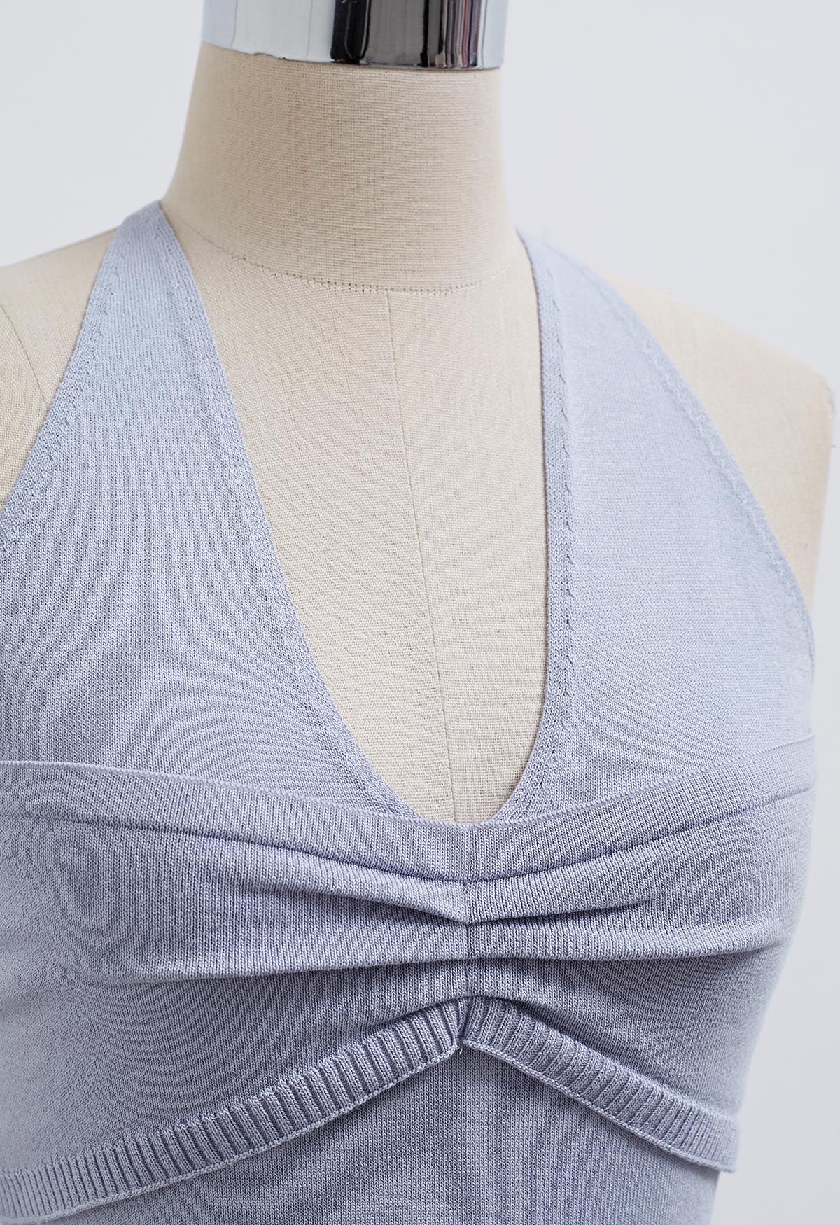 Pintuck Detail Halter Knit Top in Lavender