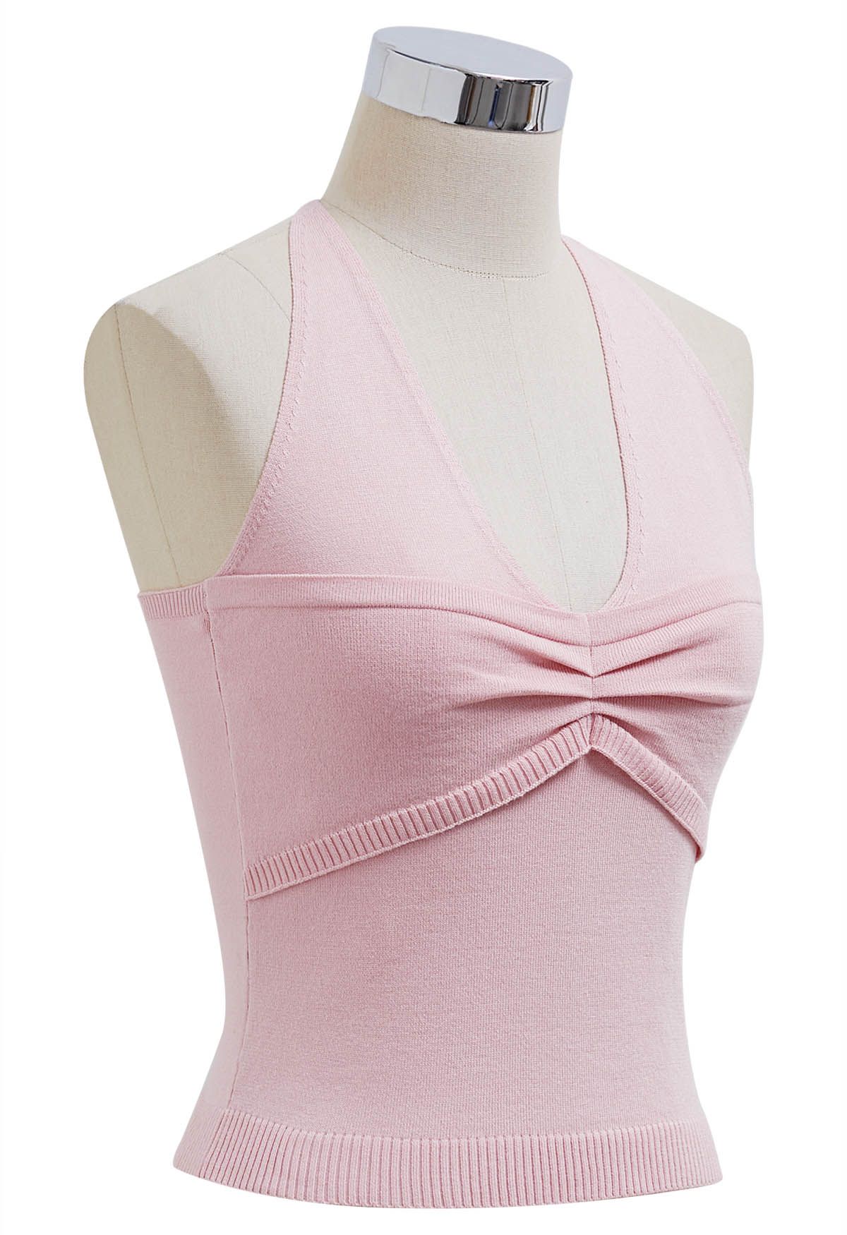 Pintuck Detail Halter Knit Top in Pink