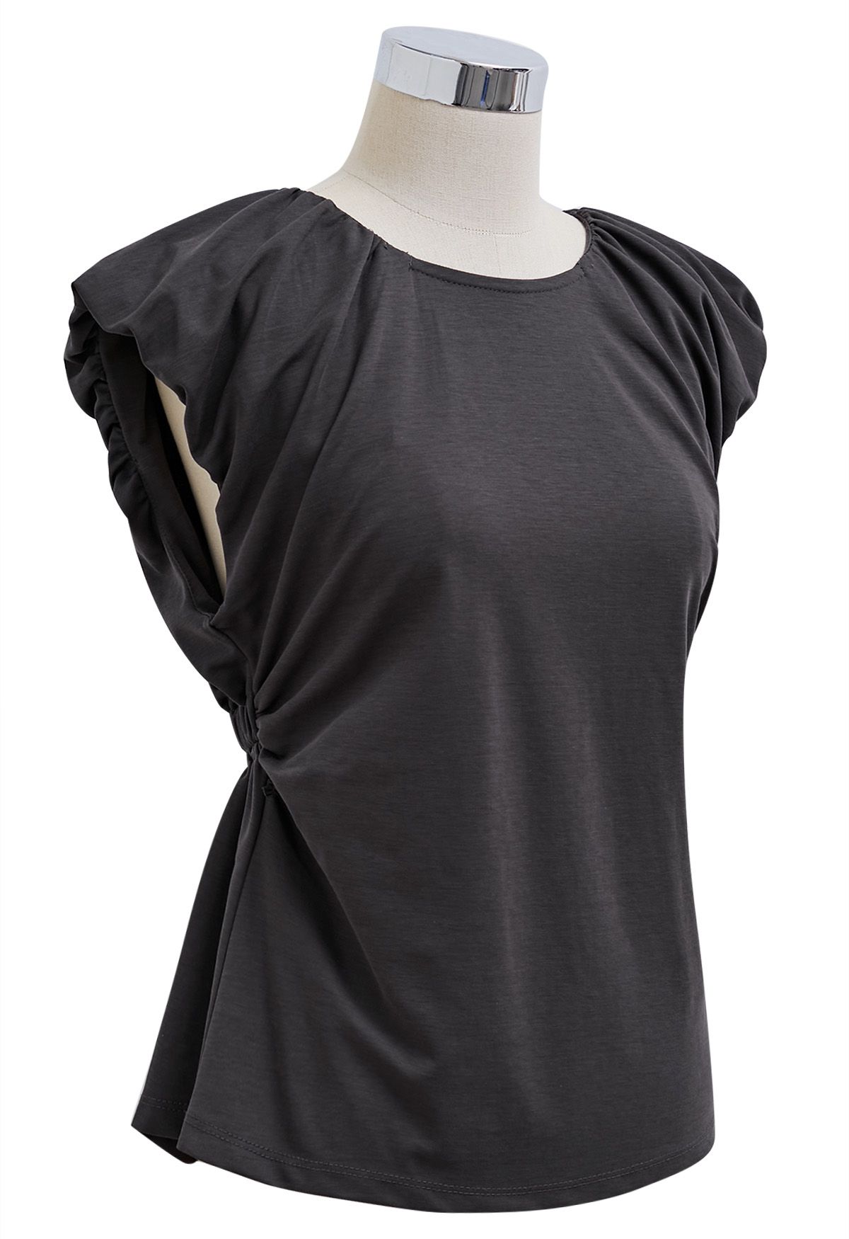 Cutout Back Ruched Detail Sleeveless Top in Smoke