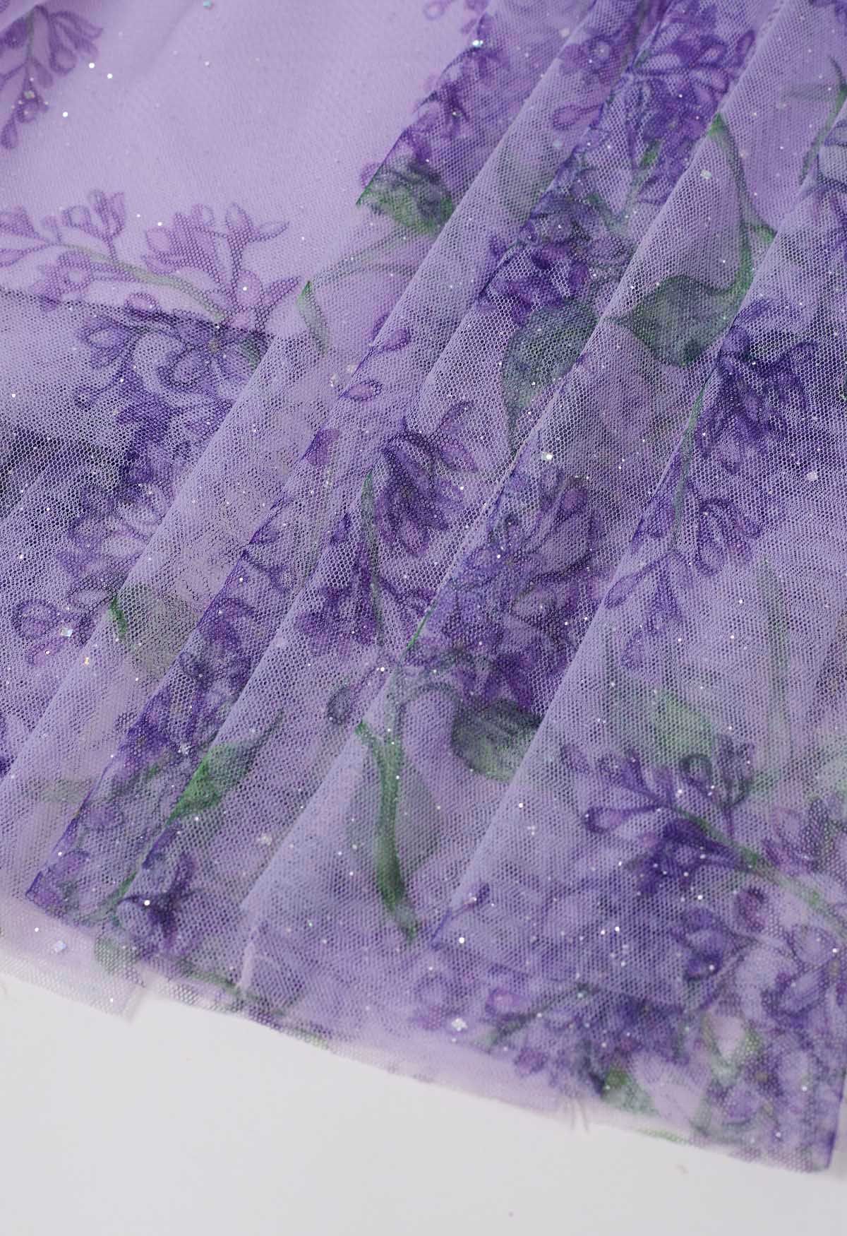 Shimmer Floral Mesh Tulle Midi Skirt in Purple