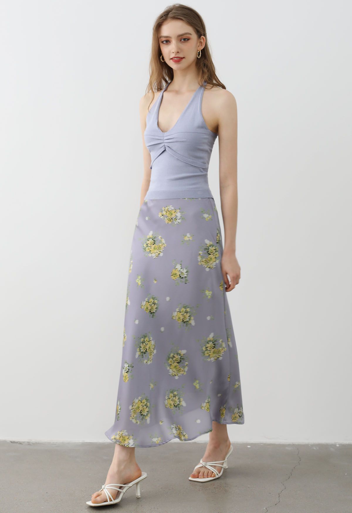 Summery Posy Print Maxi Skirt in Lavender