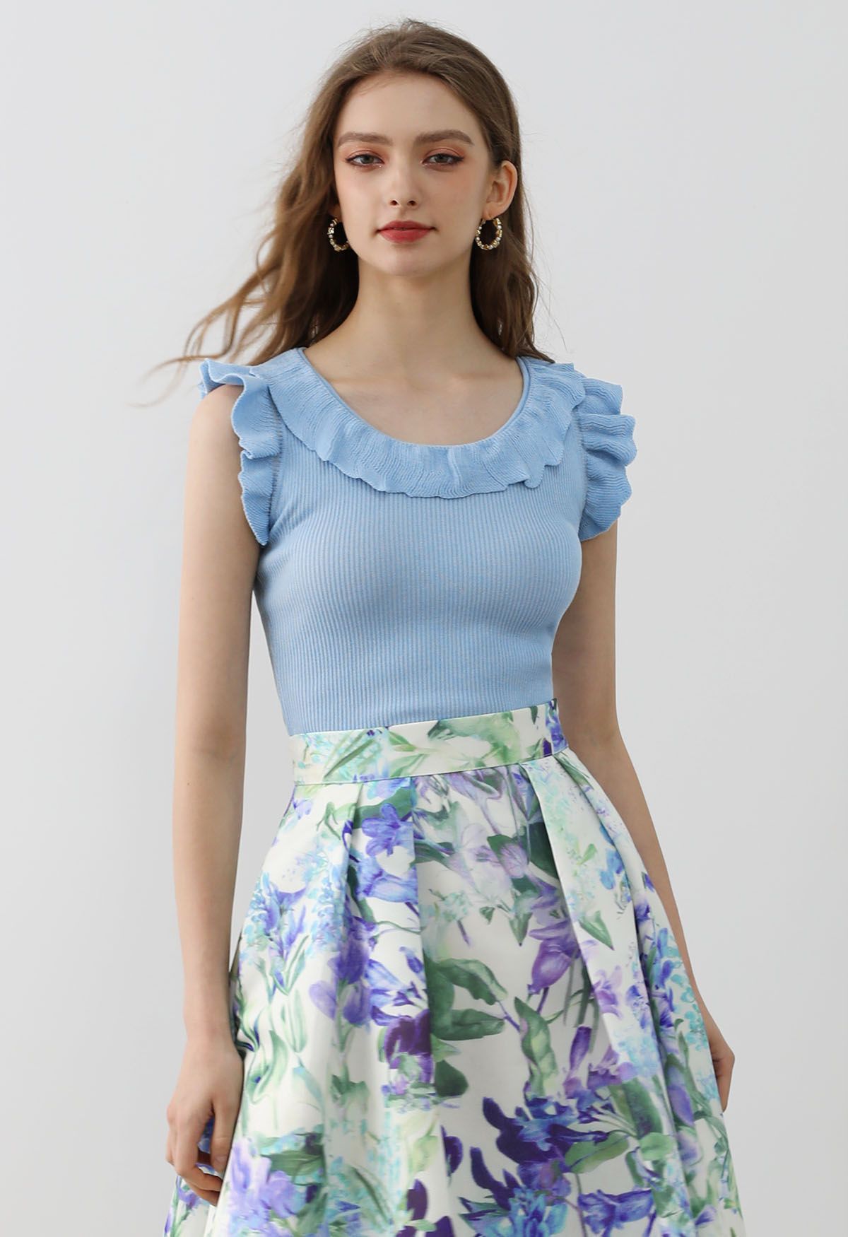 Ethereal Ruffle Sleeveless Knit Top in Blue