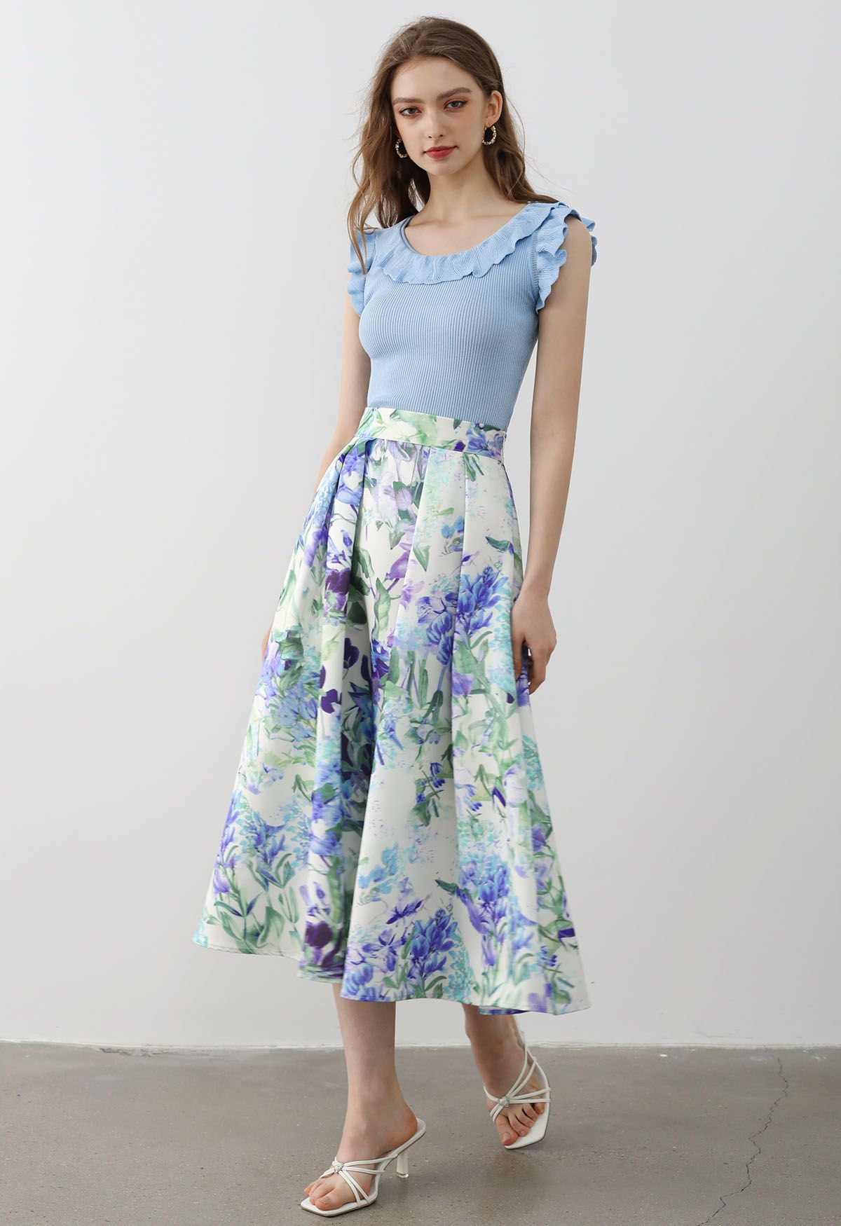 Charismatic Blue Blossom Pleated Midi Skirt