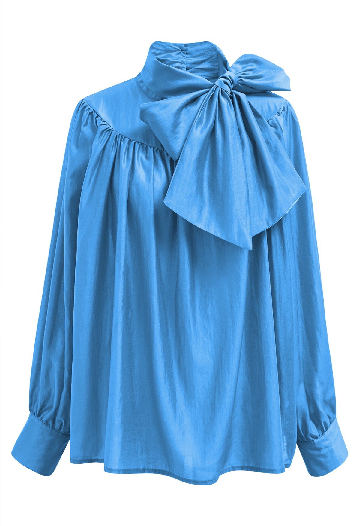 Charming Bowknot Puff Sleeve Sheer Shirt in Blue