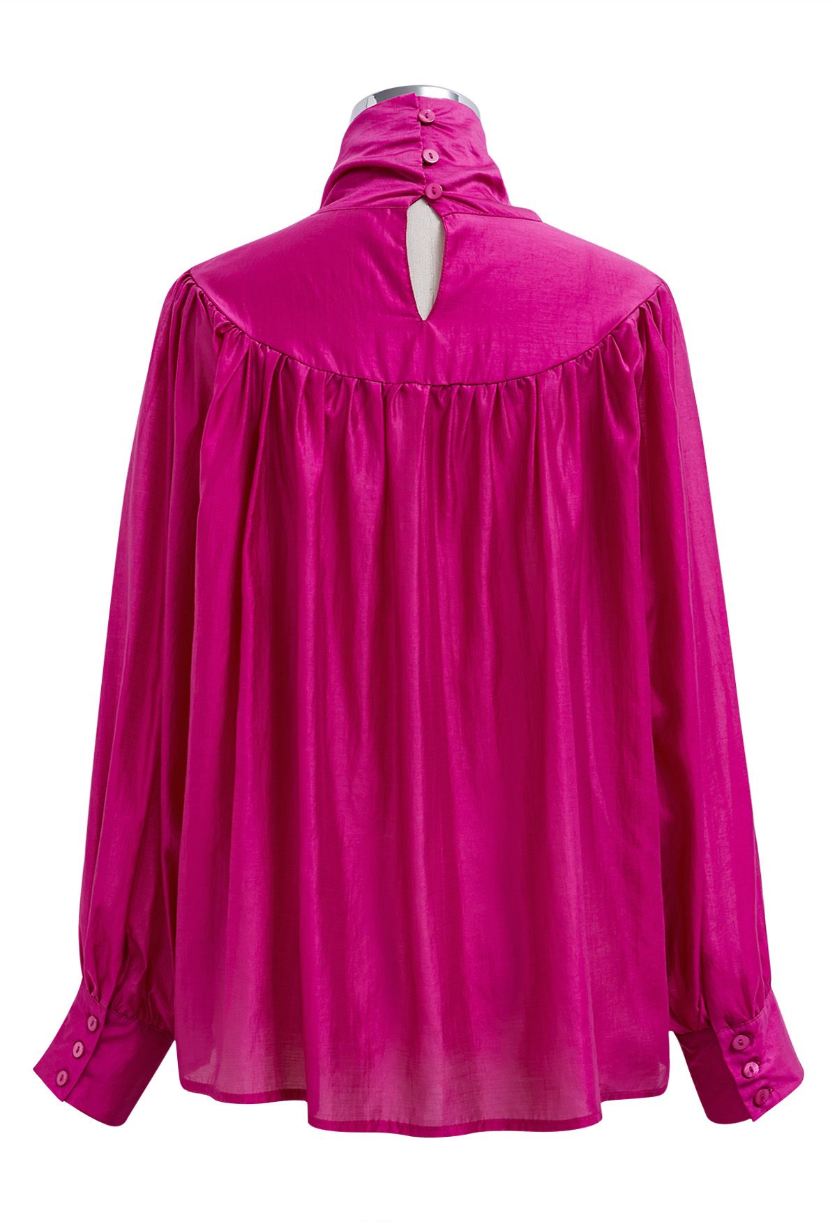 Charming Bowknot Puff Sleeve Sheer Shirt in Hot Pink