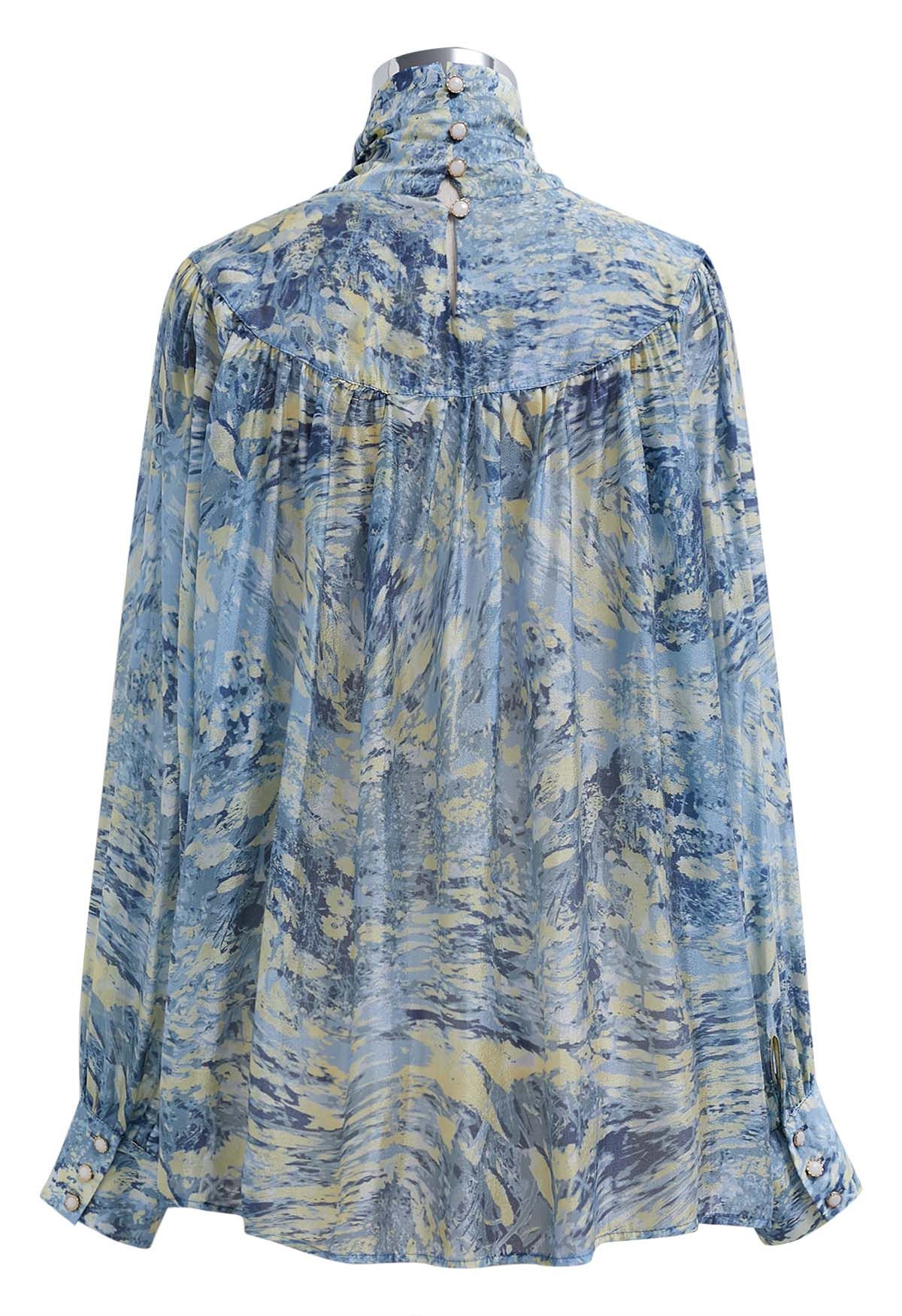 Charming Bowknot Puff Sleeve Sheer Shirt in Watercolor