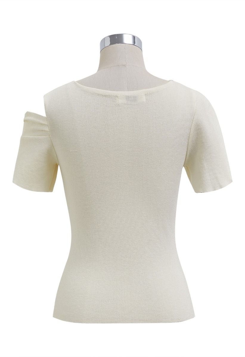 Stylish Knotted Shoulder Stretchy Knit Top in Cream