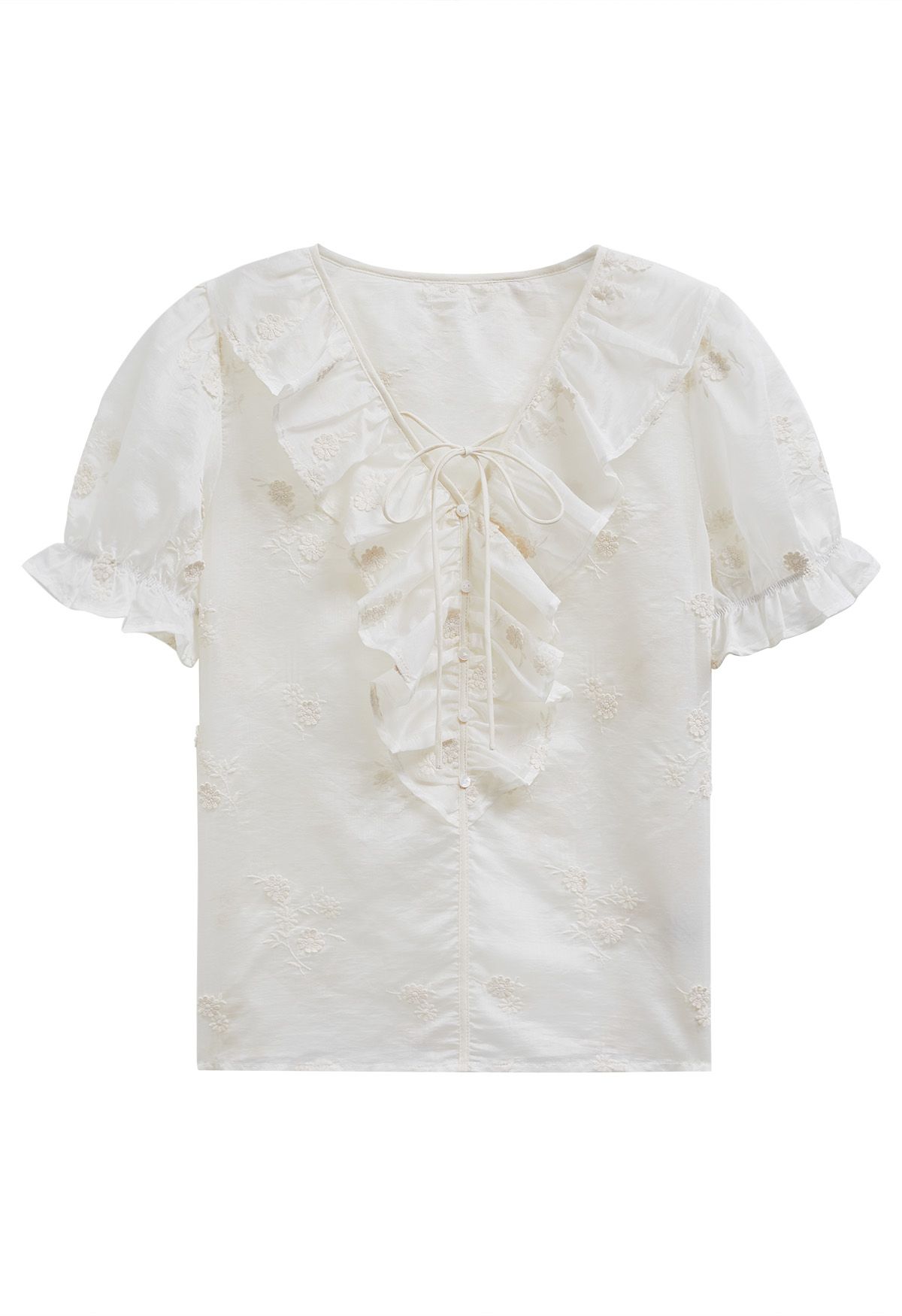 Ruffle Trim V-Neck Embroidered Floret Top