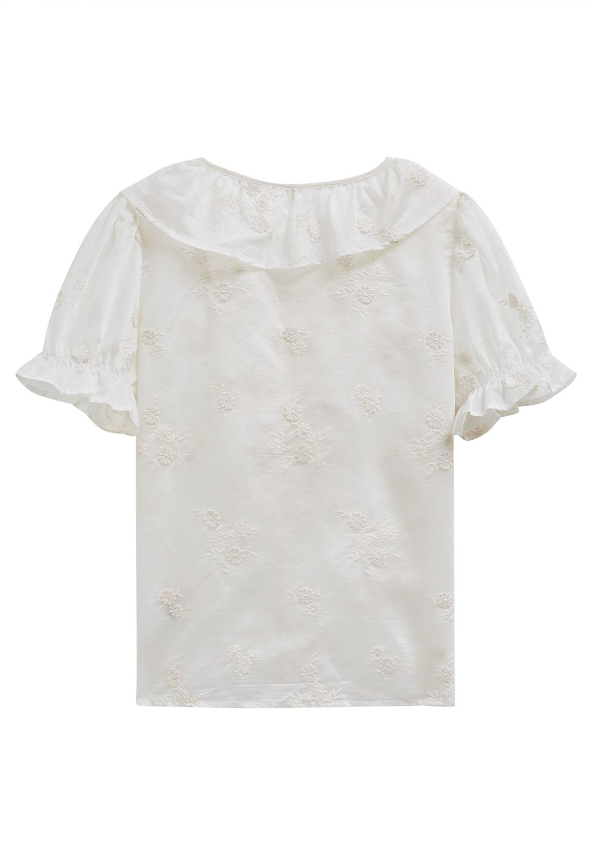 Ruffle Trim V-Neck Embroidered Floret Top