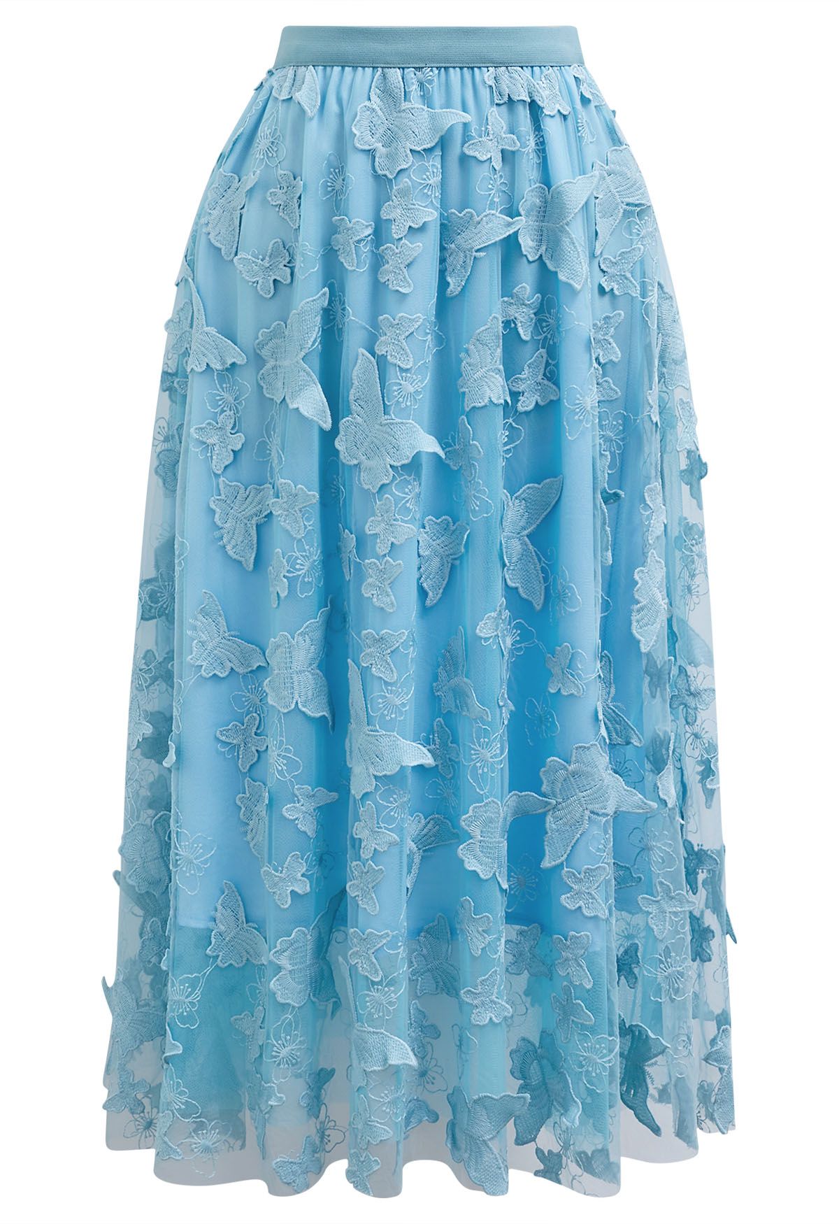 Loveliness 3D Butterfly Embroidered Mesh Tulle Midi Skirt in Blue