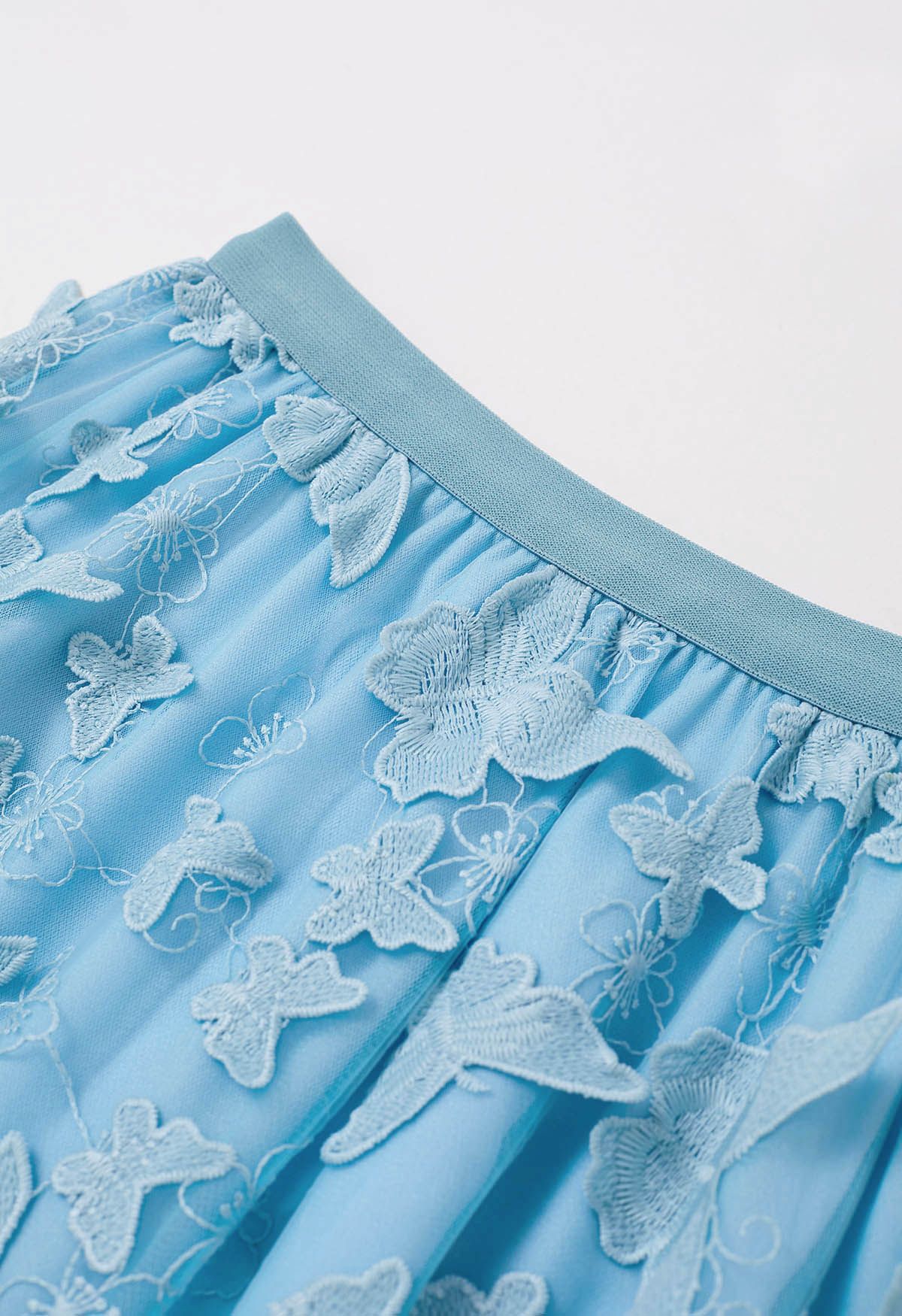 Loveliness 3D Butterfly Embroidered Mesh Tulle Midi Skirt in Blue