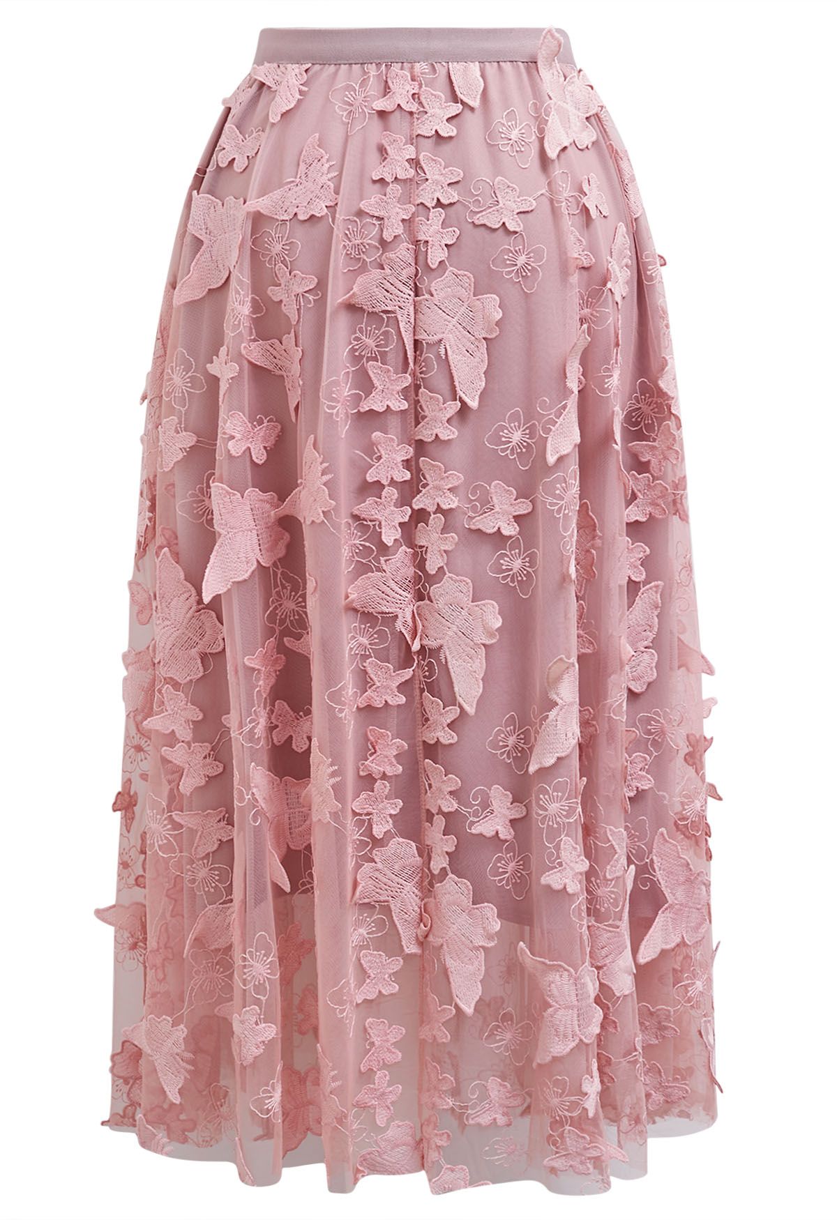 Loveliness 3D Butterfly Embroidered Mesh Tulle Midi Skirt in Pink