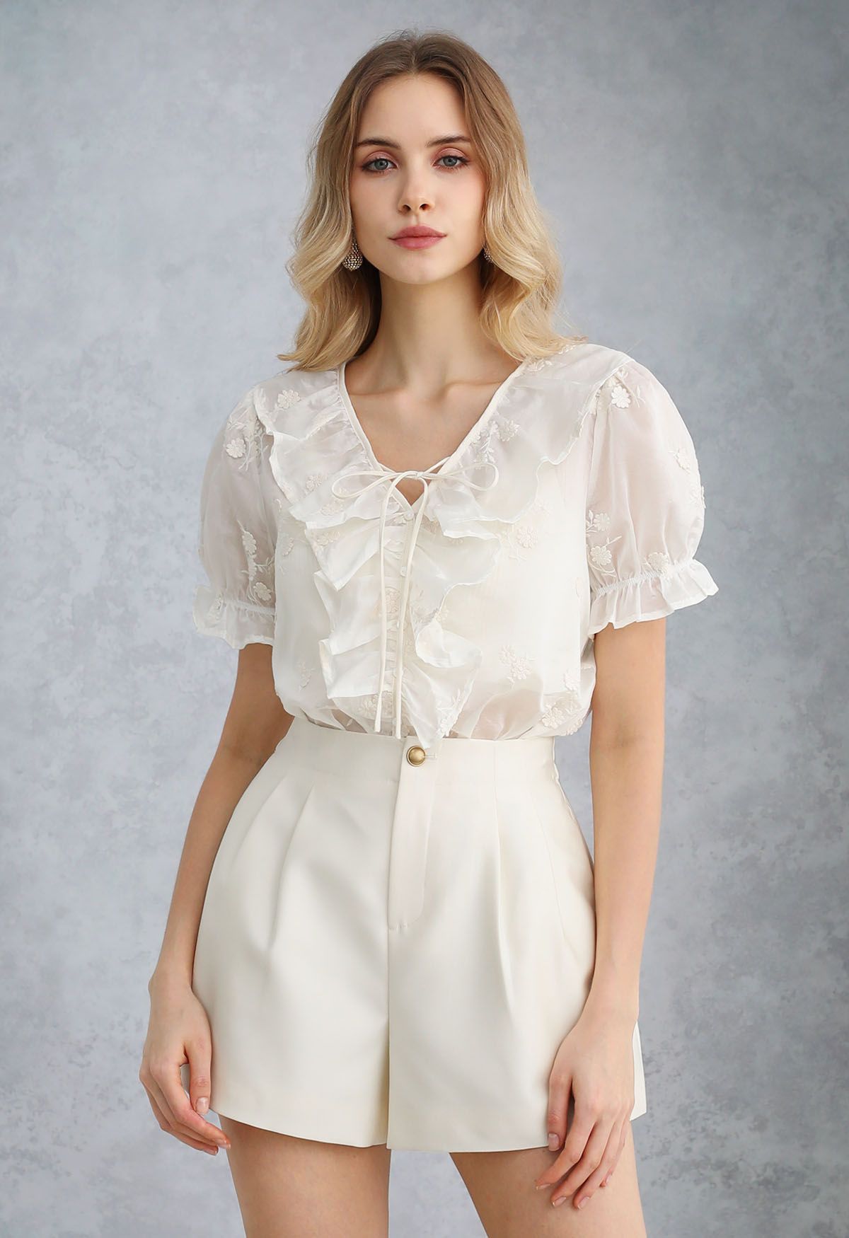 Ruffle Trim V-Neck Embroidered Floret Top