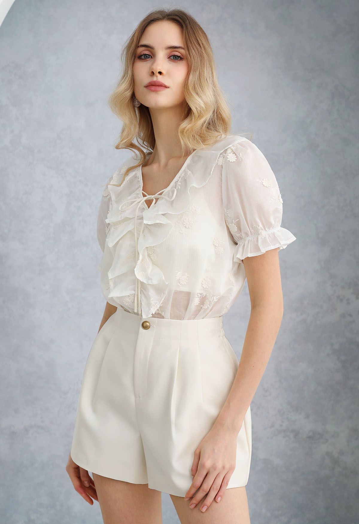 Ruffle Trim V-Neck Embroidered Floret Top