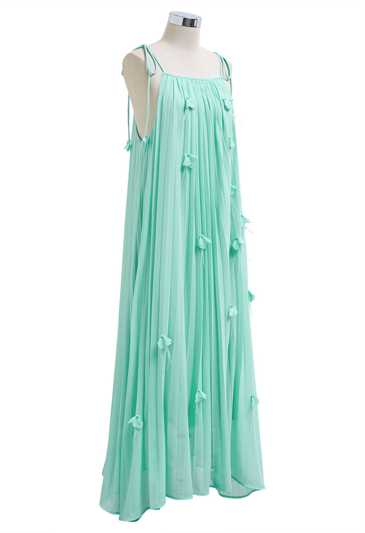 3D Floral Tie-Shoulder Chiffon Pleated Dress in Mint