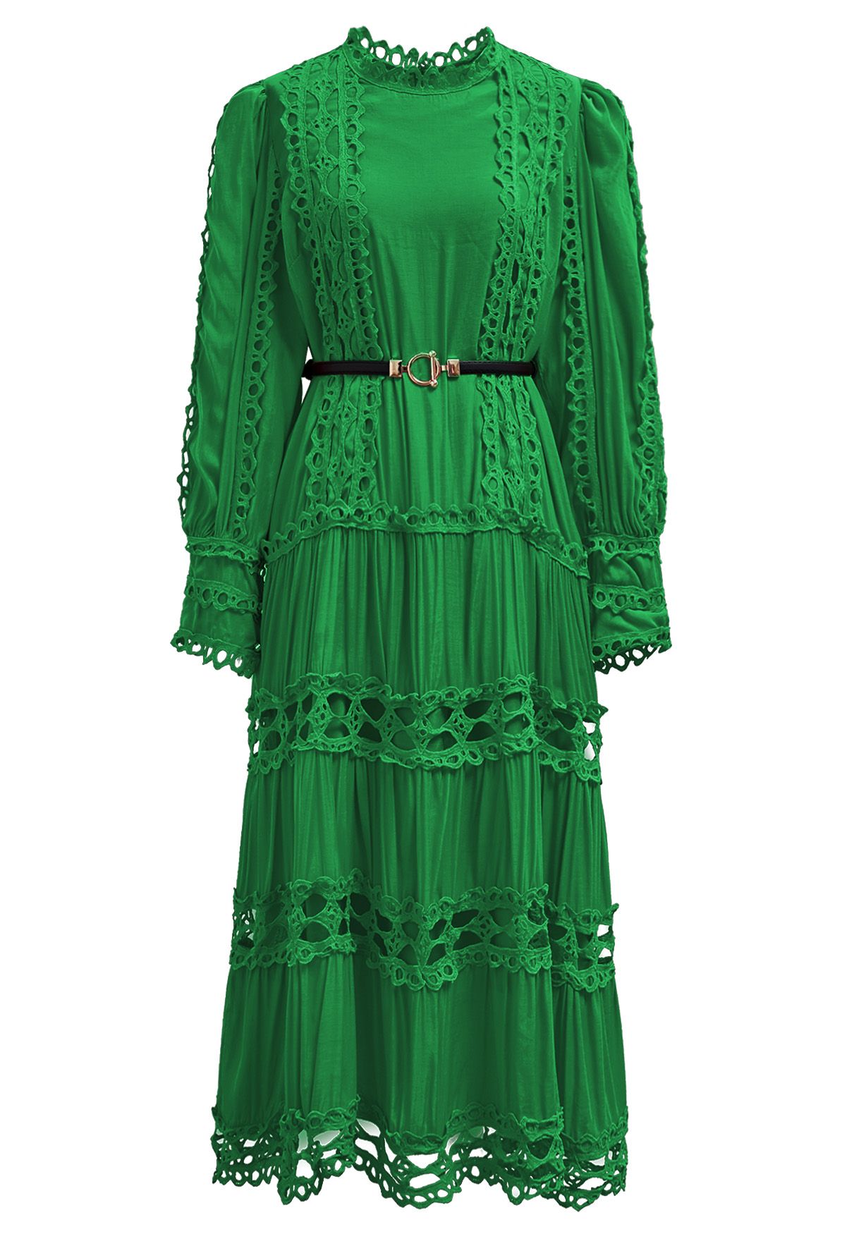 Belted Cutwork Lace Trim Bubble Sleeve Midi Dress in Green