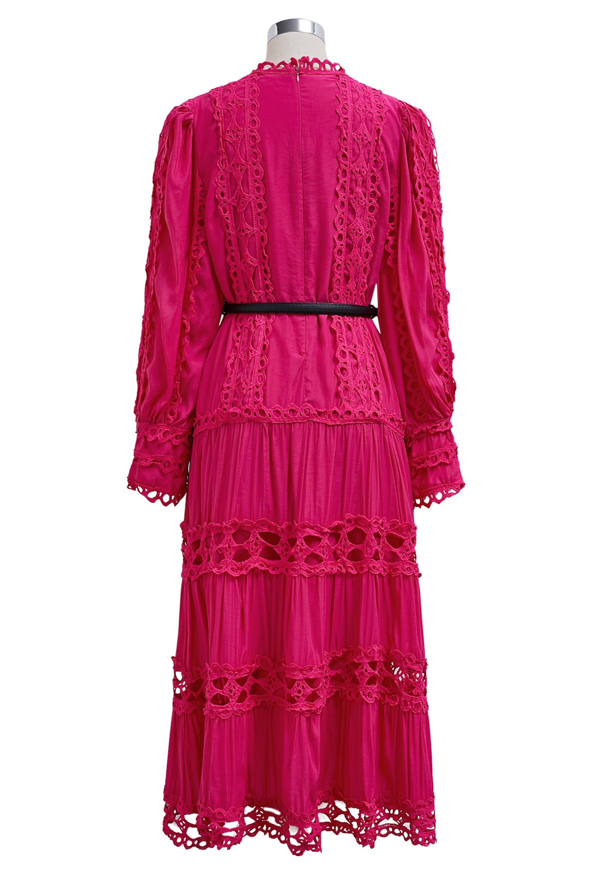 Belted Cutwork Lace Trim Bubble Sleeve Midi Dress in Magenta