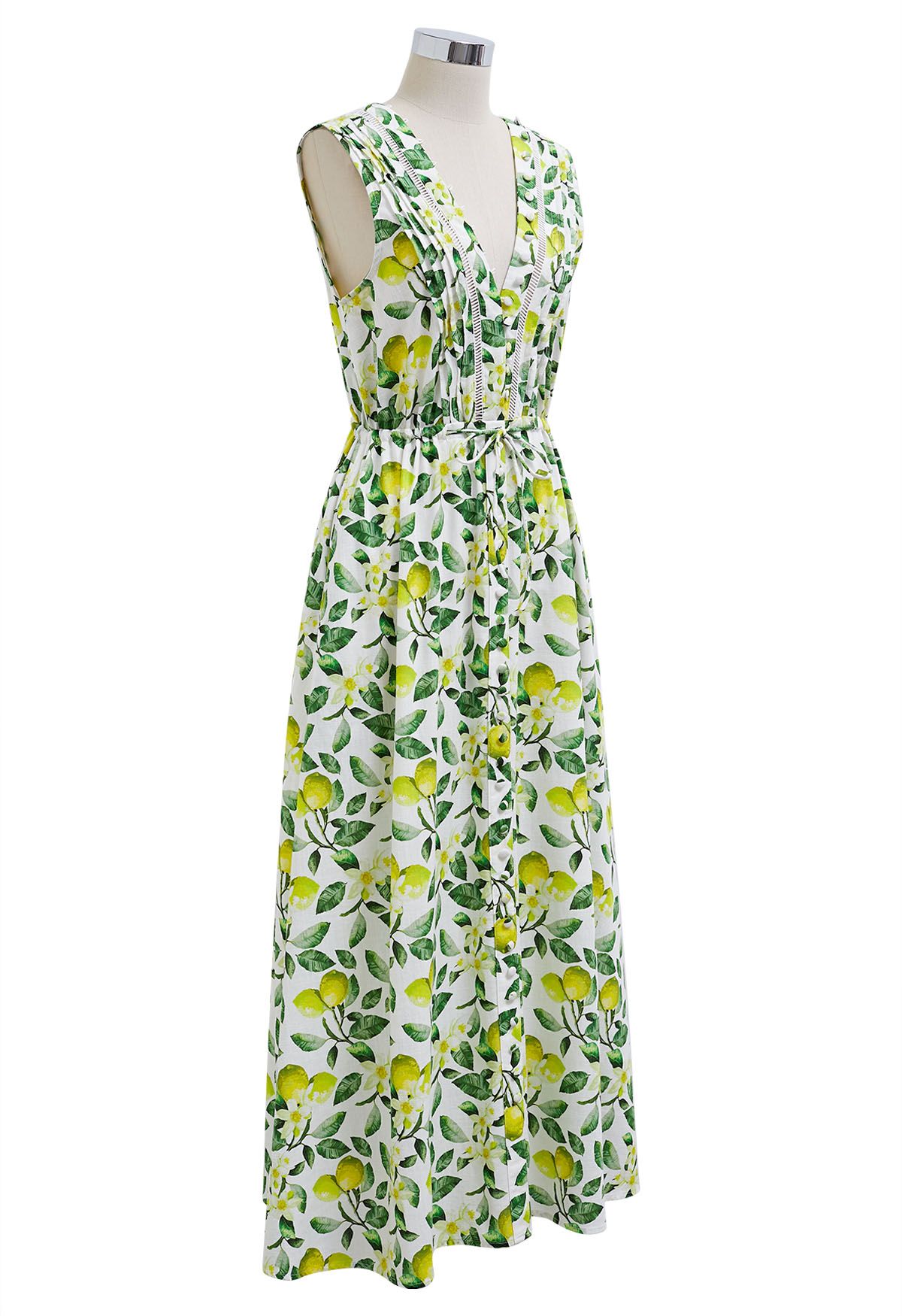 V-Neck Buttoned Sleeveless Dress in Lemon