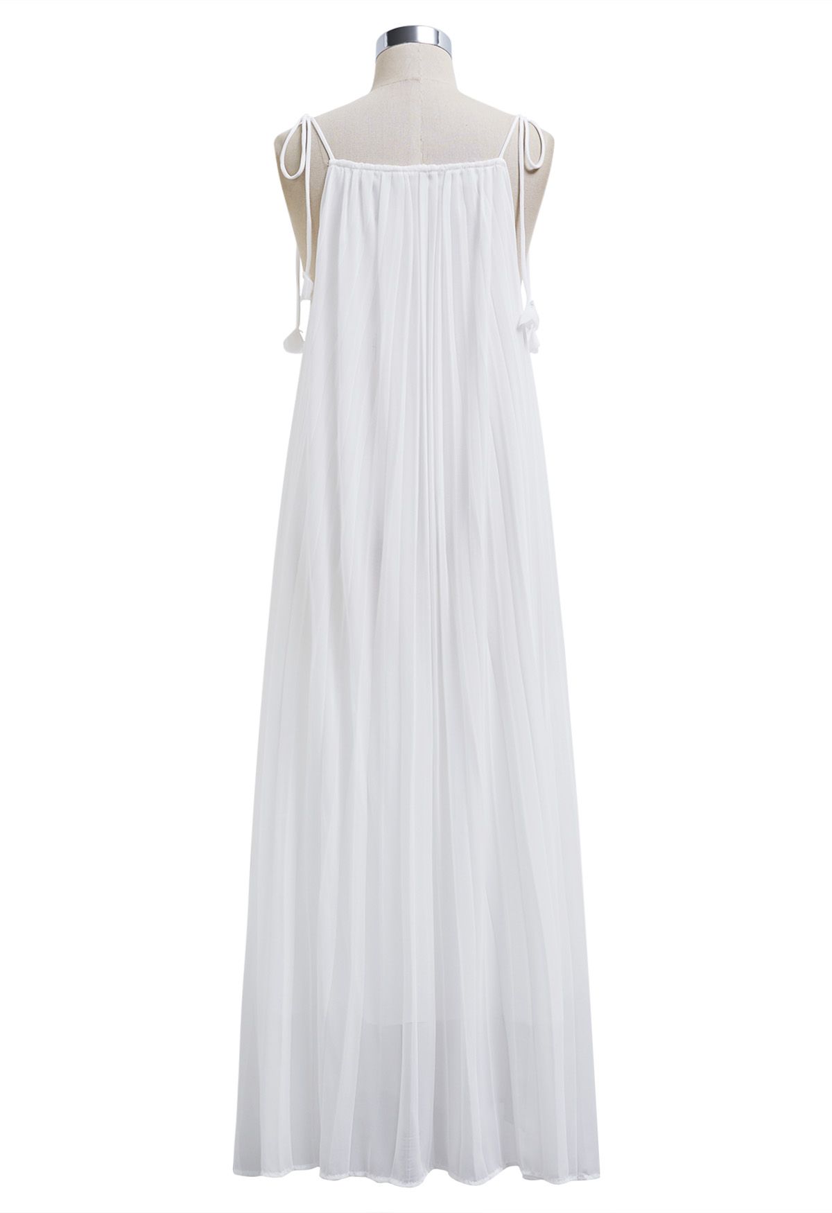 3D Floral Tie-Shoulder Chiffon Pleated Dress in White