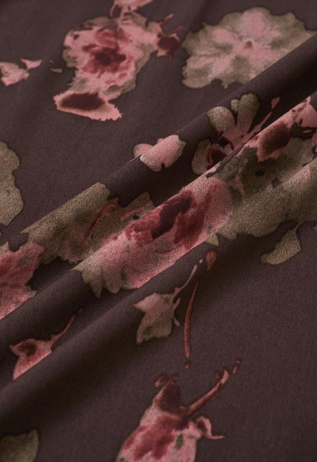 Floral Tie-Shoulder Shirring Midi Dress in Burgundy