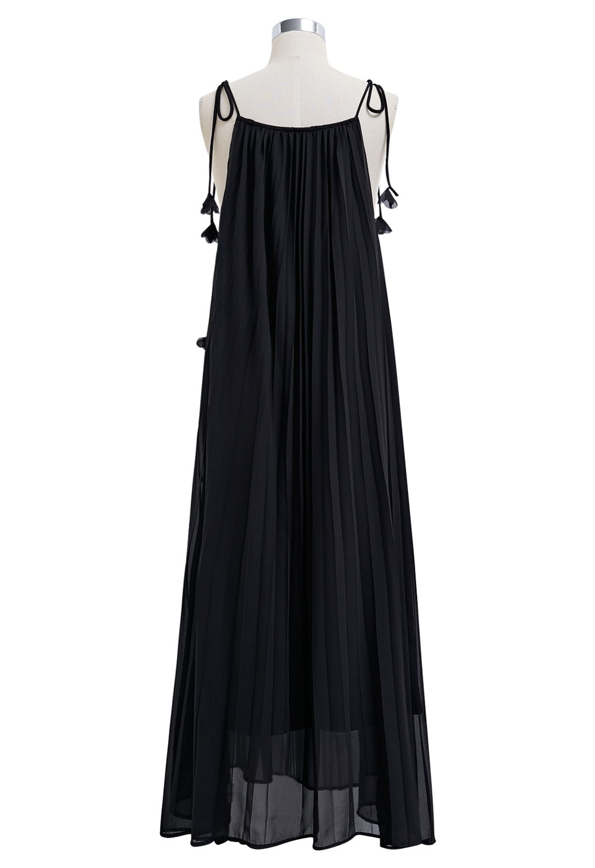 3D Floral Tie-Shoulder Chiffon Pleated Dress in Black